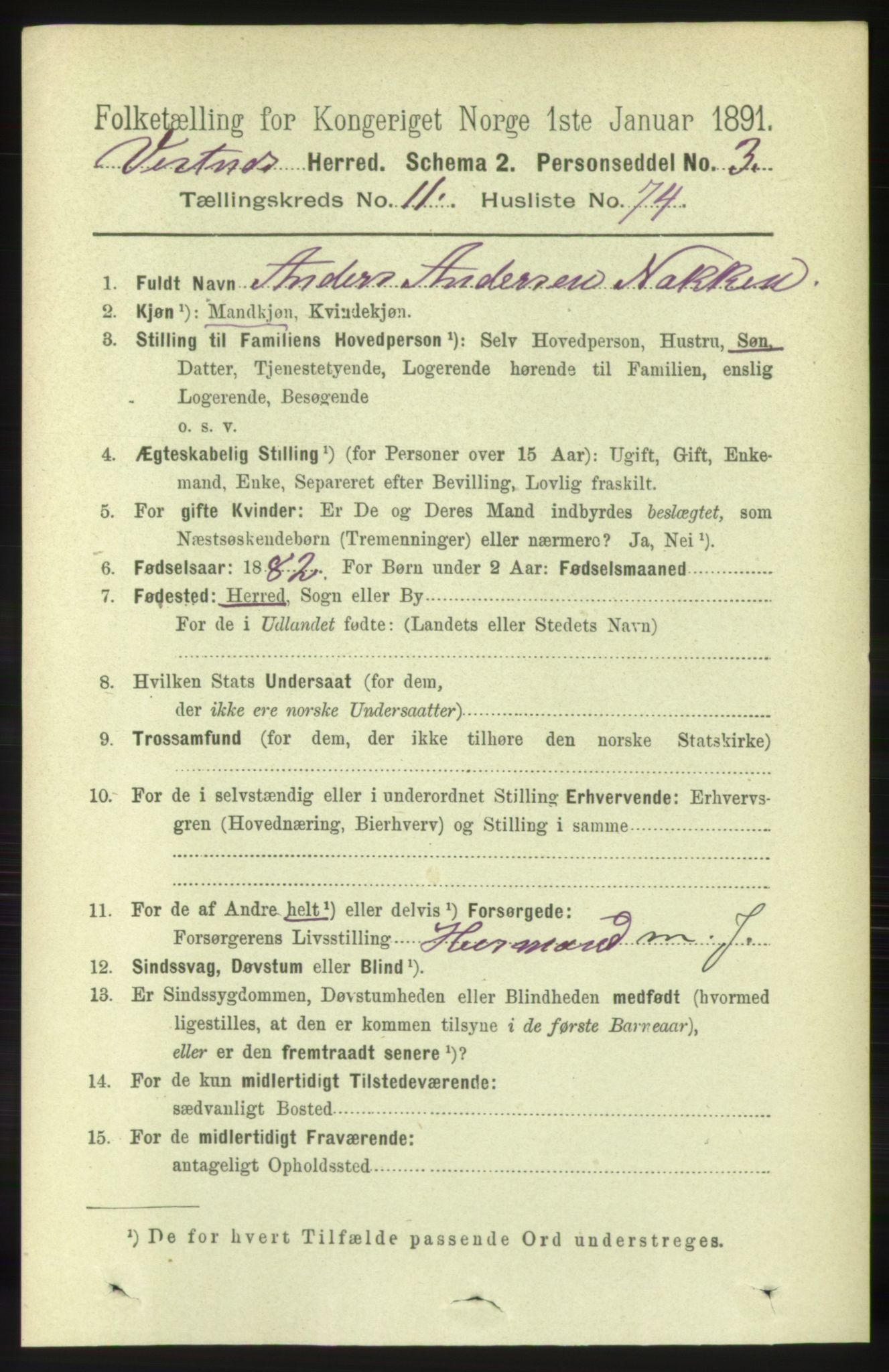 RA, 1891 census for 1535 Vestnes, 1891, p. 4360