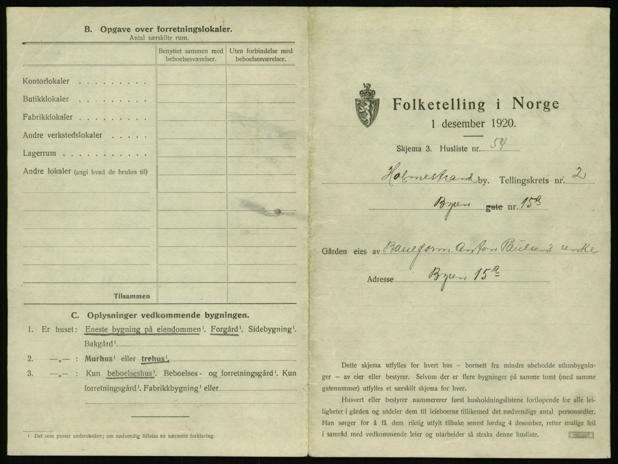 SAKO, 1920 census for Holmestrand, 1920, p. 154