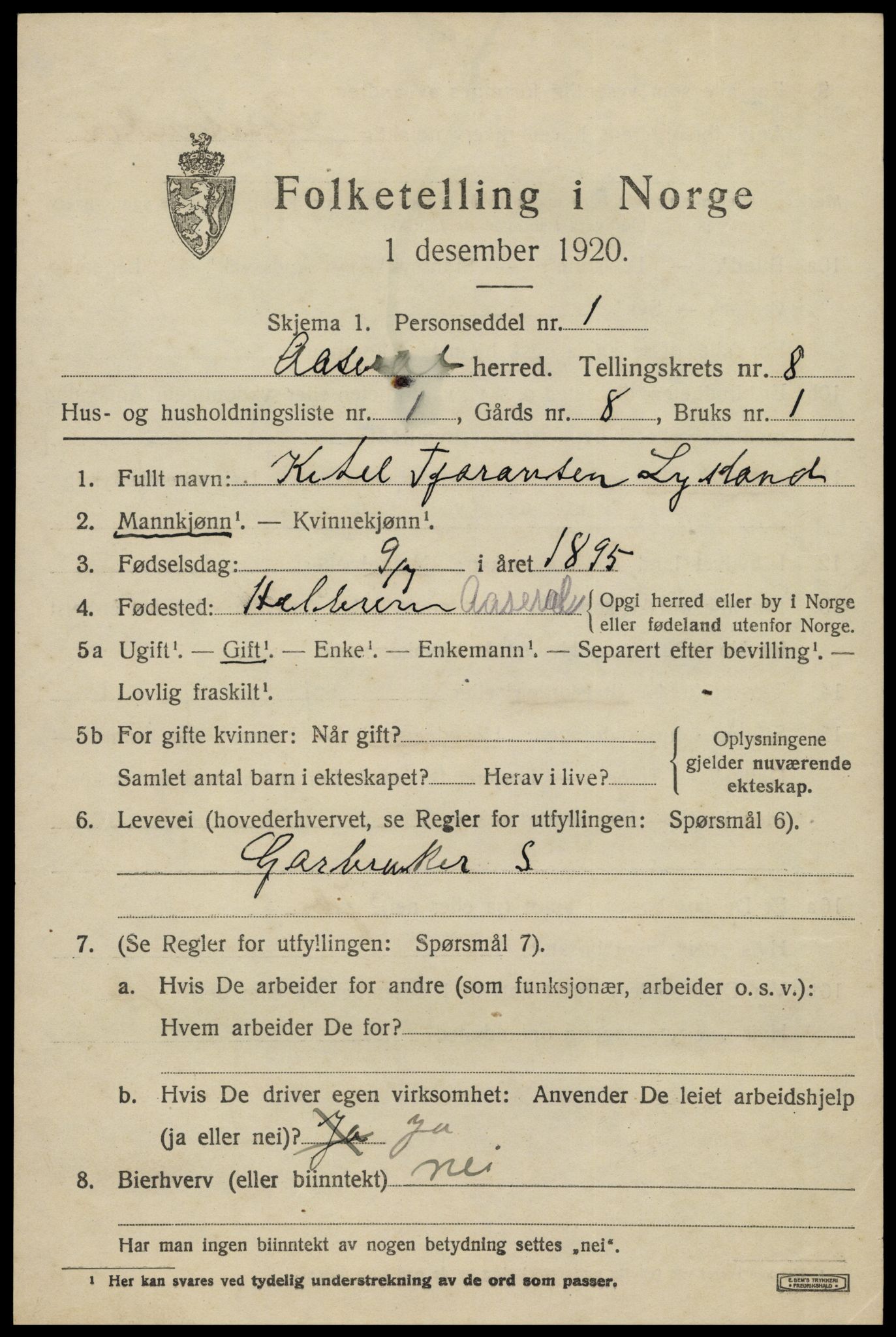 SAK, 1920 census for Åseral, 1920, p. 2440