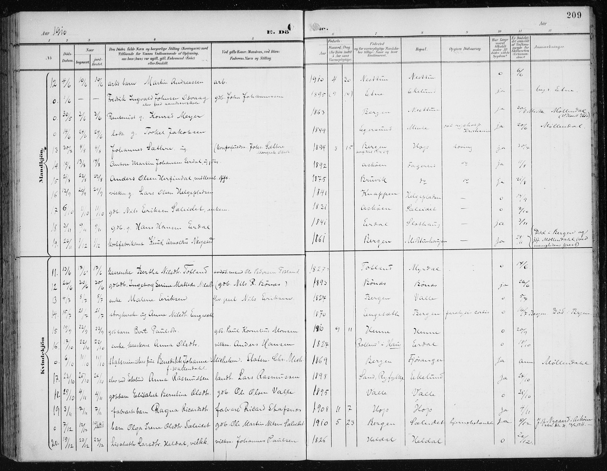 Fana Sokneprestembete, SAB/A-75101/H/Haa/Haai/L0003: Parish register (official) no. I 3, 1900-1912, p. 209