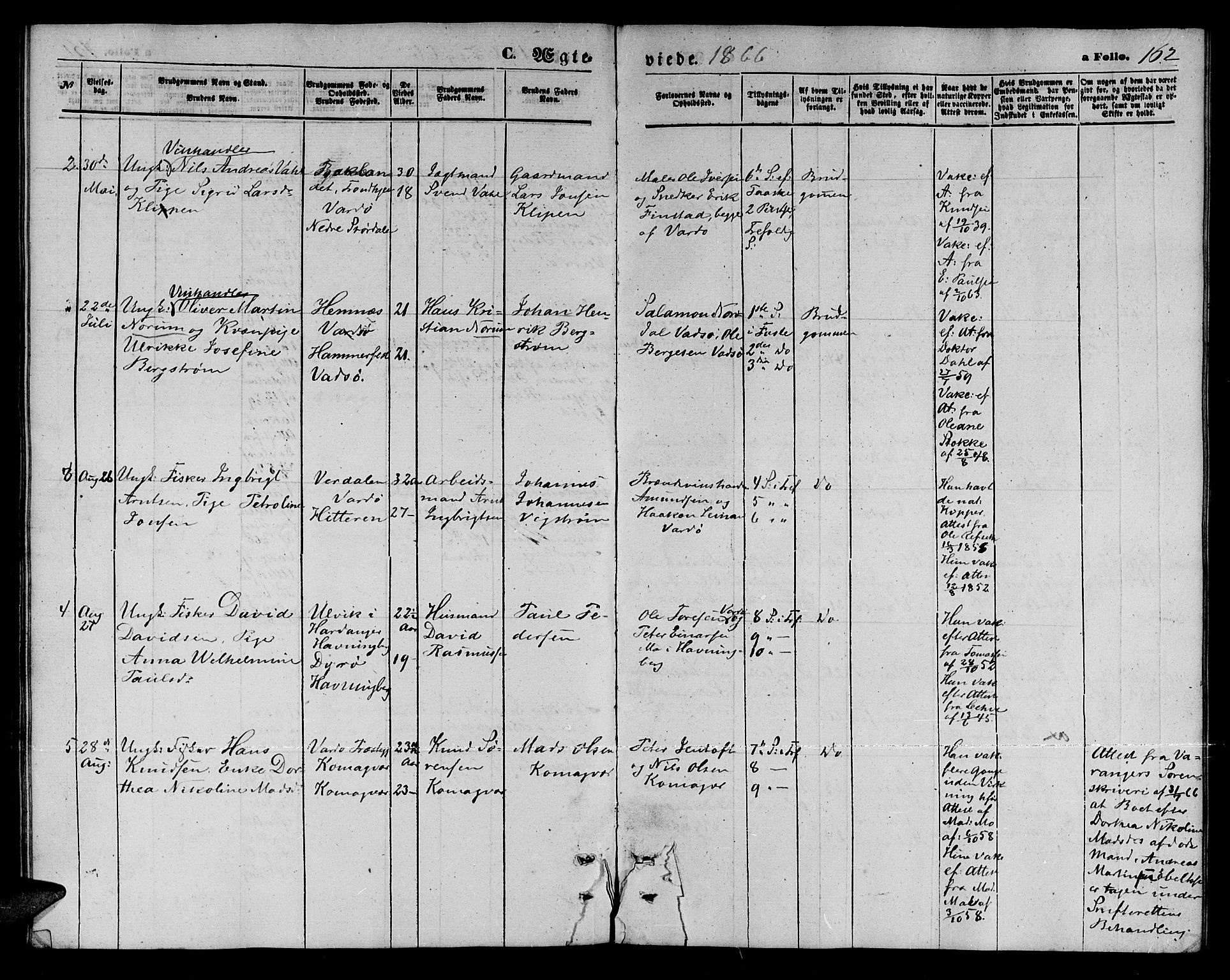 Vardø sokneprestkontor, AV/SATØ-S-1332/H/Hb/L0002klokker: Parish register (copy) no. 2, 1861-1870, p. 162