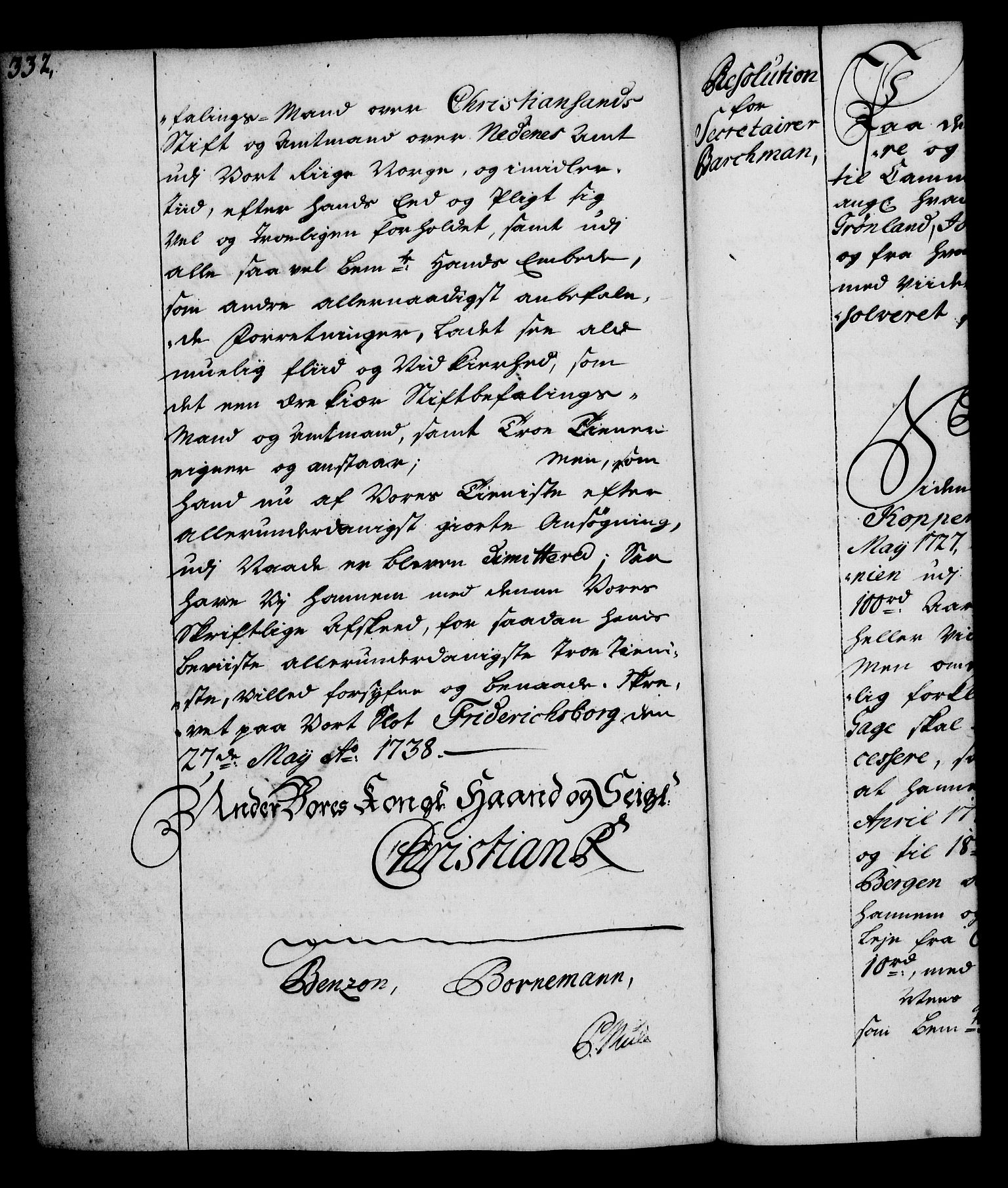 Rentekammeret, Kammerkanselliet, RA/EA-3111/G/Gg/Gga/L0004: Norsk ekspedisjonsprotokoll med register (merket RK 53.4), 1734-1741, p. 332