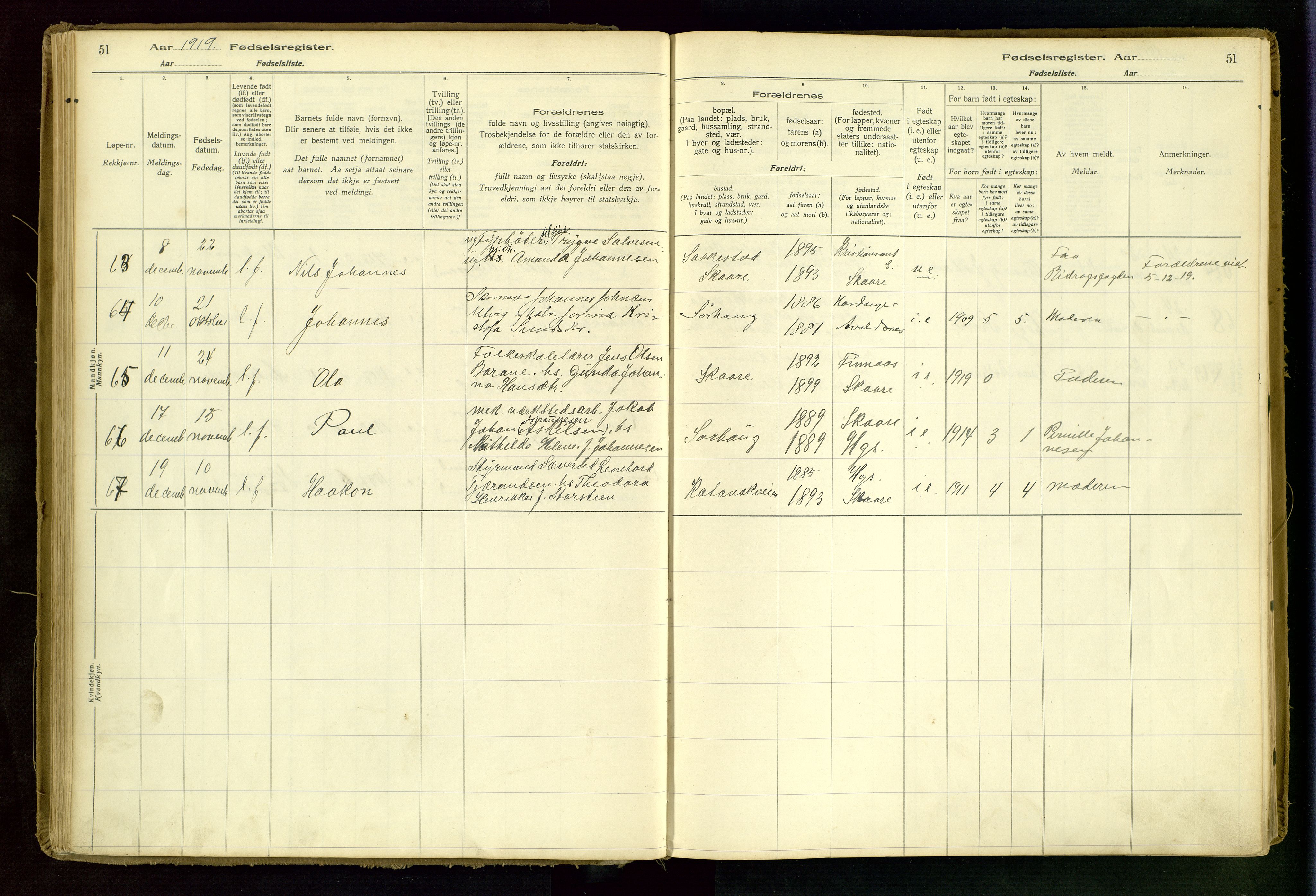 Haugesund sokneprestkontor, AV/SAST-A -101863/I/Id/L0001: Birth register no. 1, 1916-1935, p. 51