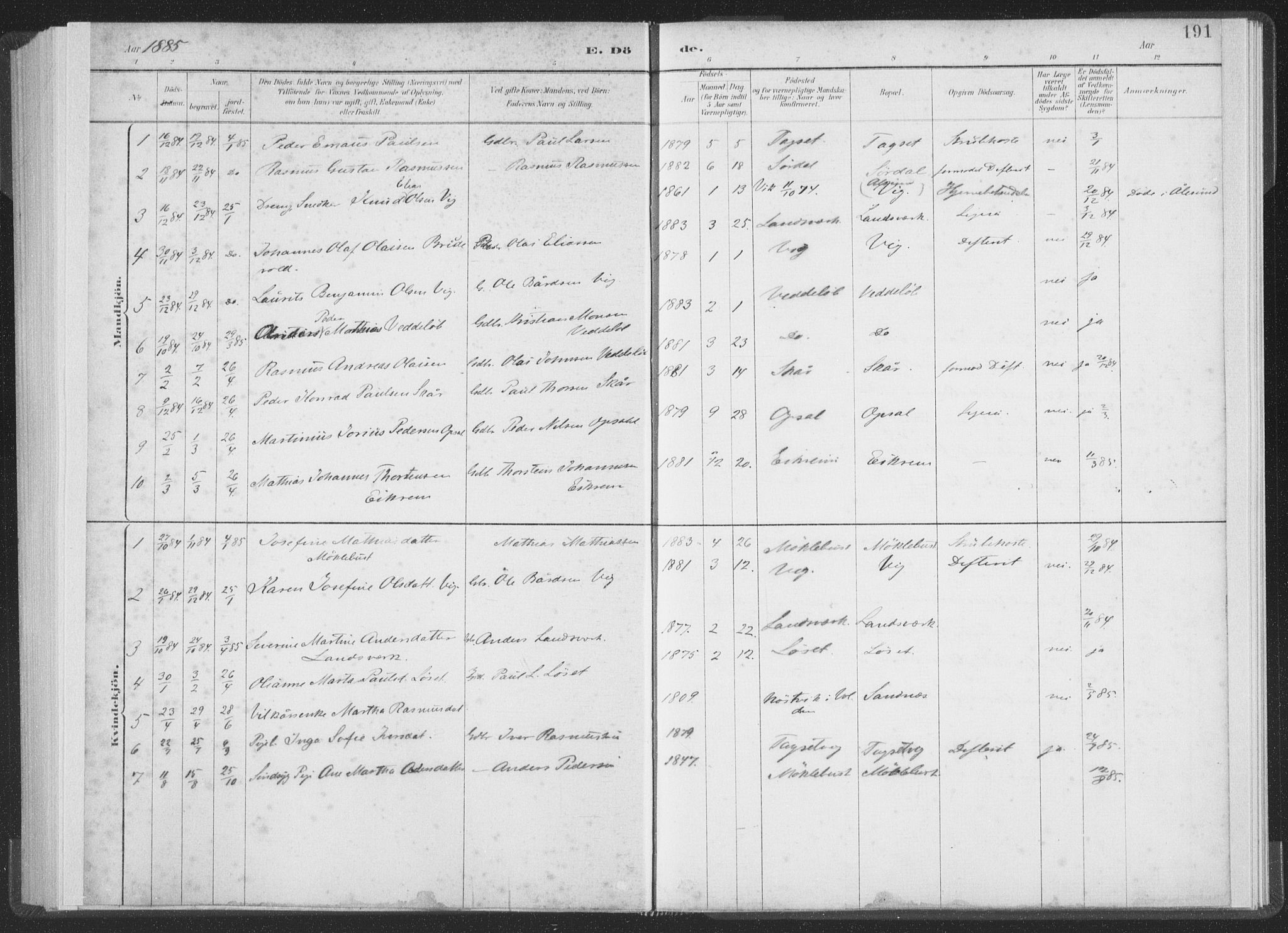 Ministerialprotokoller, klokkerbøker og fødselsregistre - Møre og Romsdal, AV/SAT-A-1454/502/L0025: Parish register (official) no. 502A03, 1885-1909, p. 191