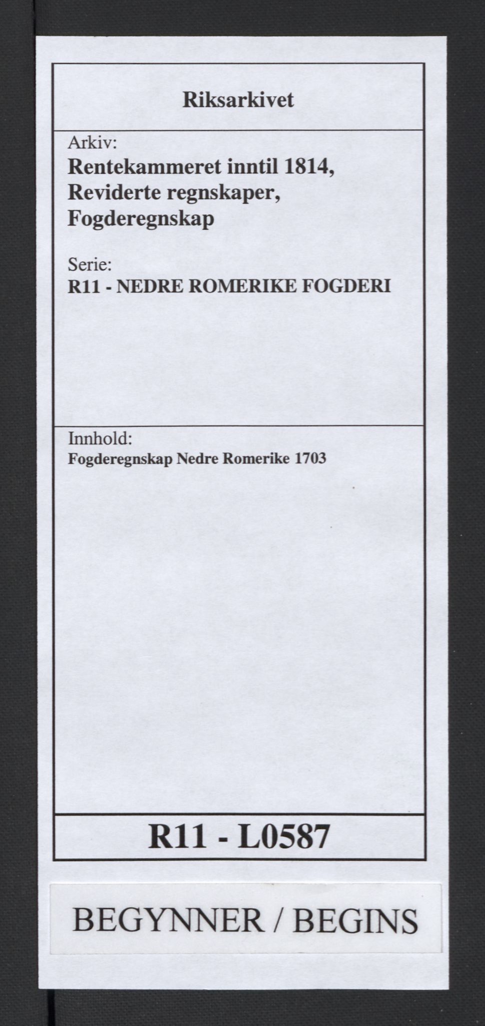 Rentekammeret inntil 1814, Reviderte regnskaper, Fogderegnskap, AV/RA-EA-4092/R11/L0587: Fogderegnskap Nedre Romerike, 1703, p. 1