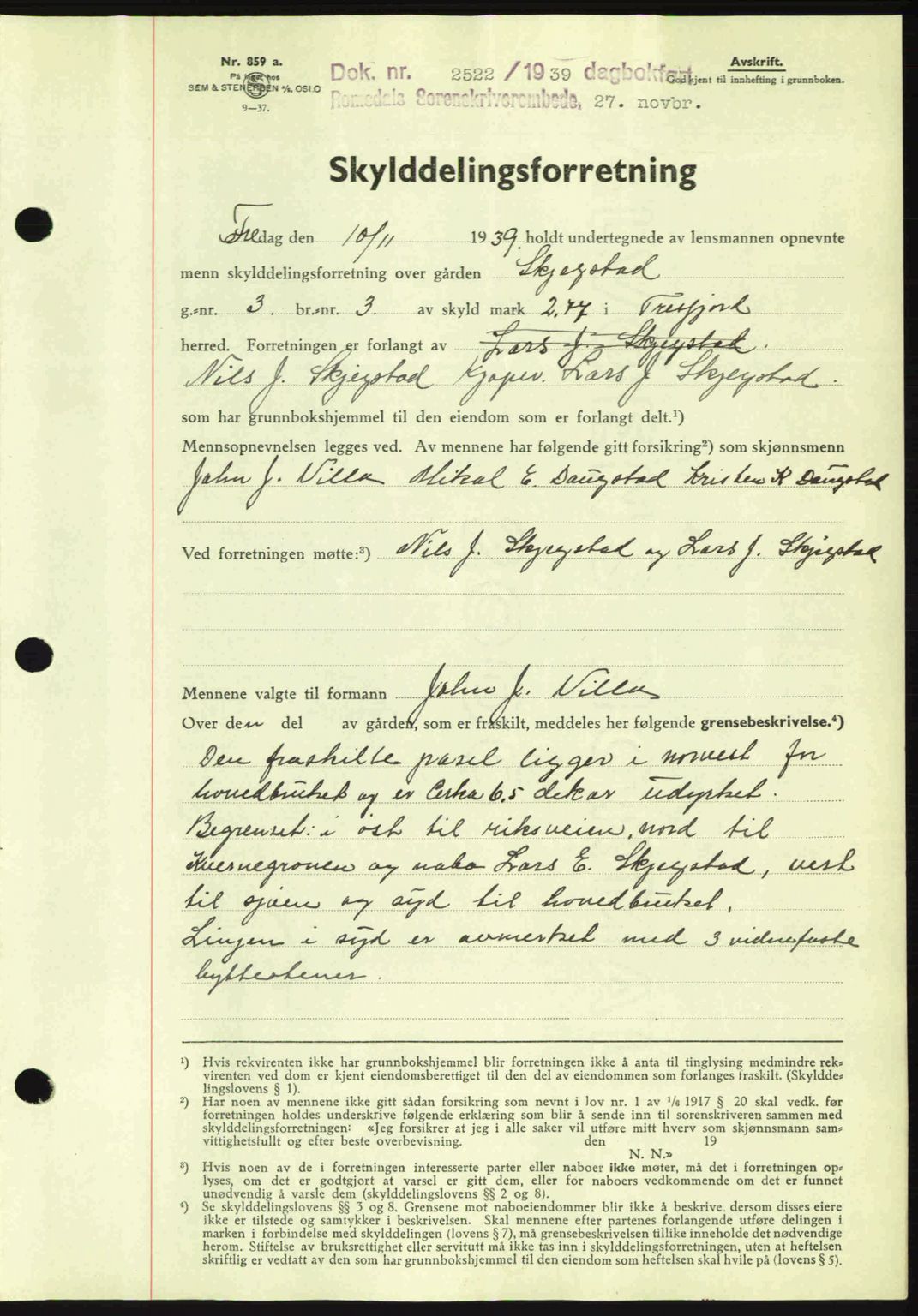 Romsdal sorenskriveri, AV/SAT-A-4149/1/2/2C: Mortgage book no. A7, 1939-1939, Diary no: : 2522/1939