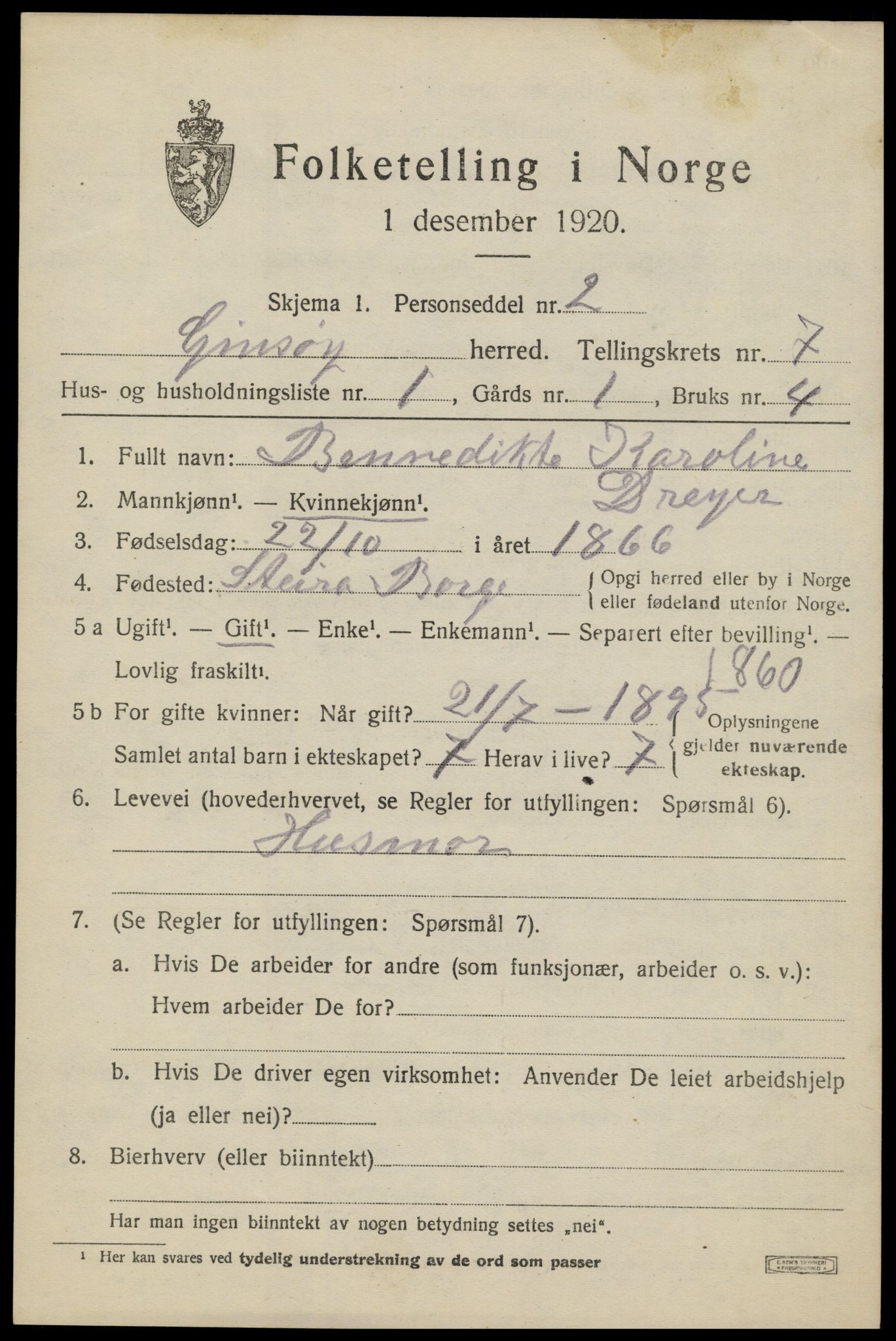 SAT, 1920 census for Gimsøy, 1920, p. 3085