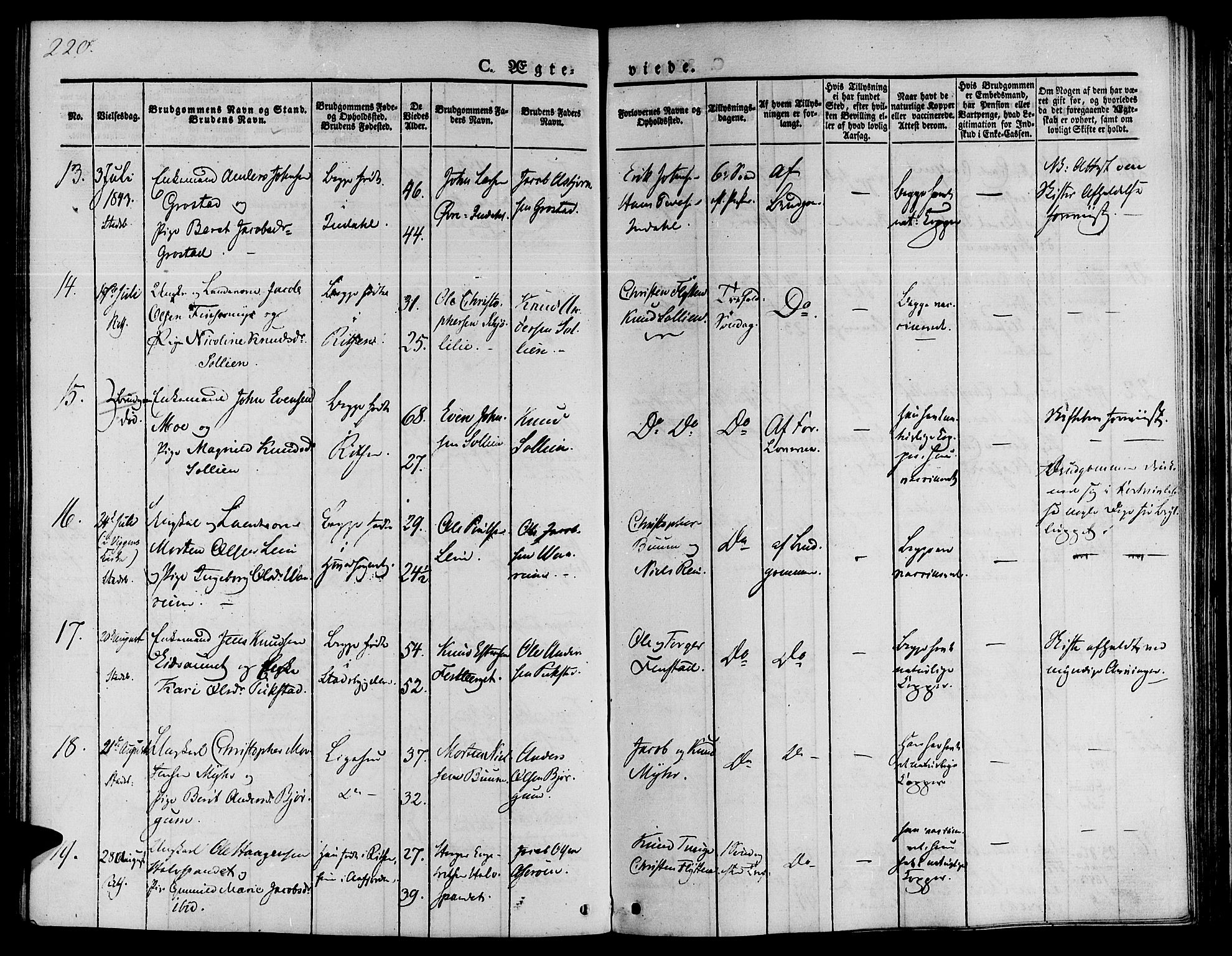 Ministerialprotokoller, klokkerbøker og fødselsregistre - Sør-Trøndelag, AV/SAT-A-1456/646/L0610: Parish register (official) no. 646A08, 1837-1847, p. 220