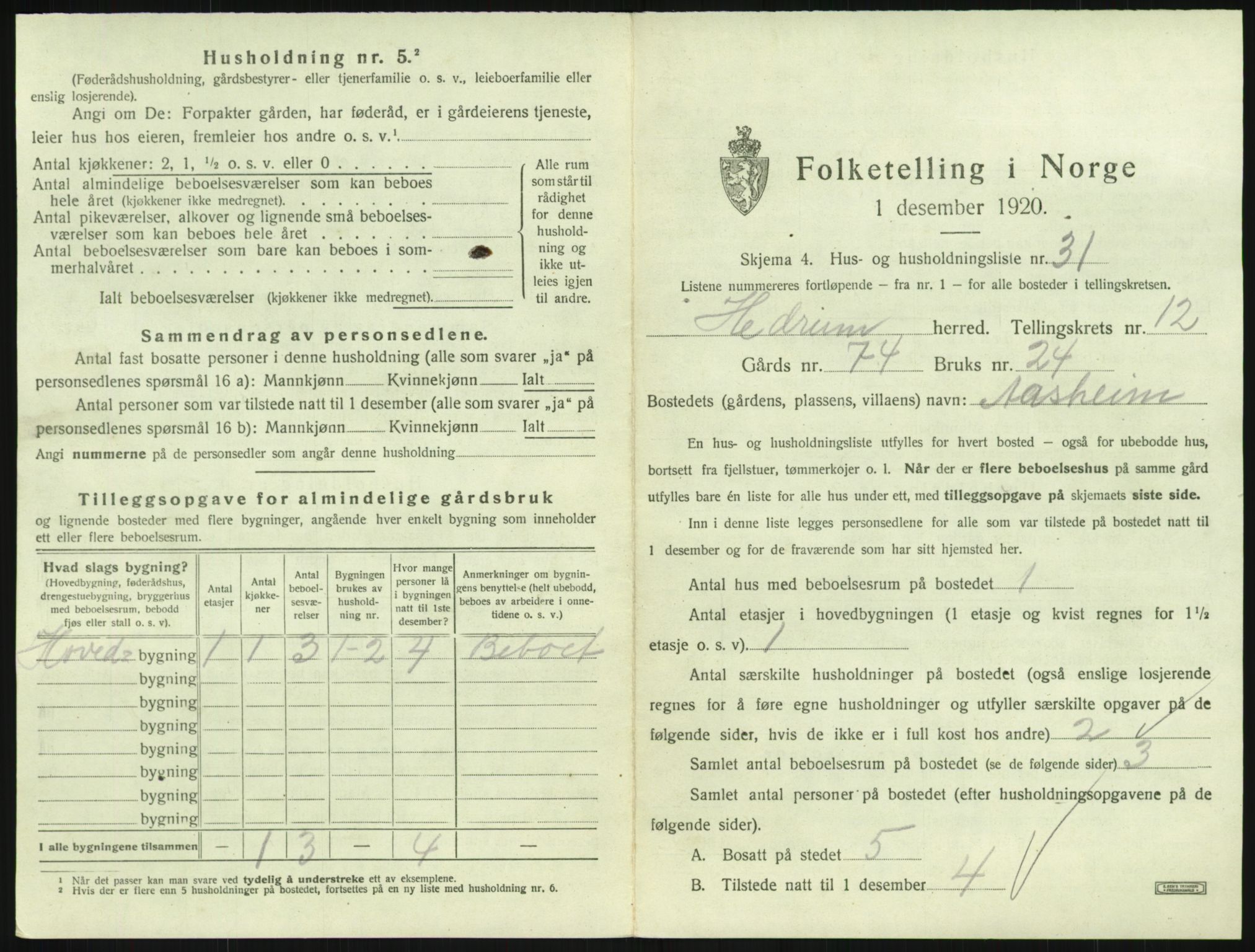 SAKO, 1920 census for Hedrum, 1920, p. 1139