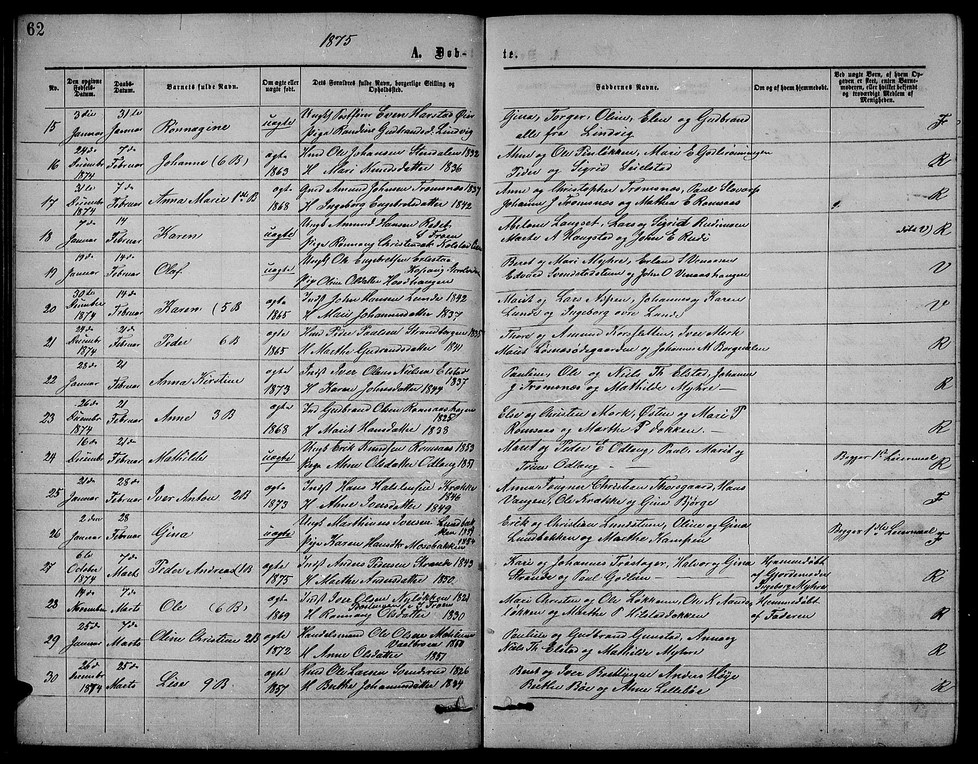 Ringebu prestekontor, SAH/PREST-082/H/Ha/Hab/L0004: Parish register (copy) no. 4, 1867-1879, p. 62