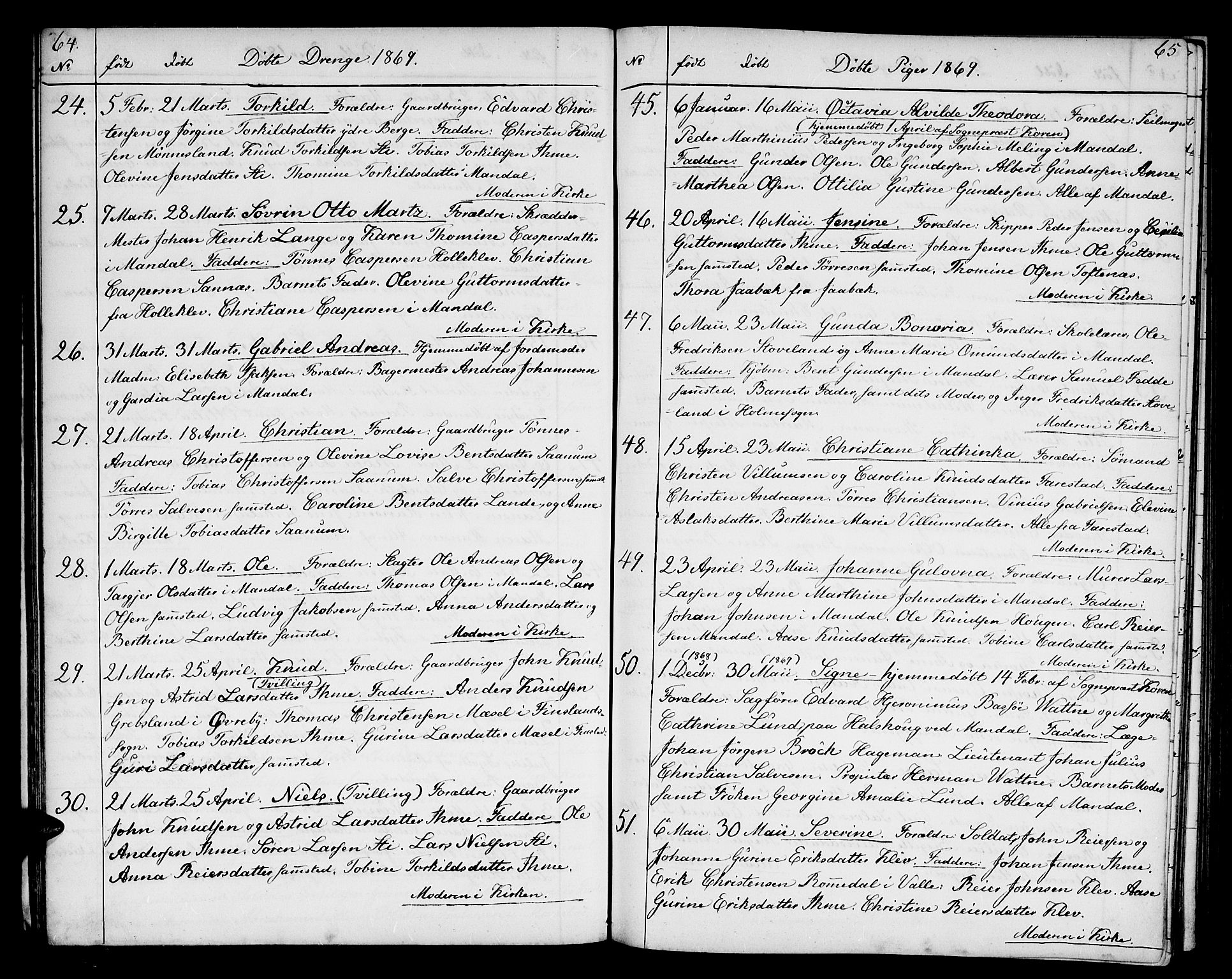 Mandal sokneprestkontor, SAK/1111-0030/F/Fb/Fba/L0009: Parish register (copy) no. B 3, 1867-1877, p. 64-65