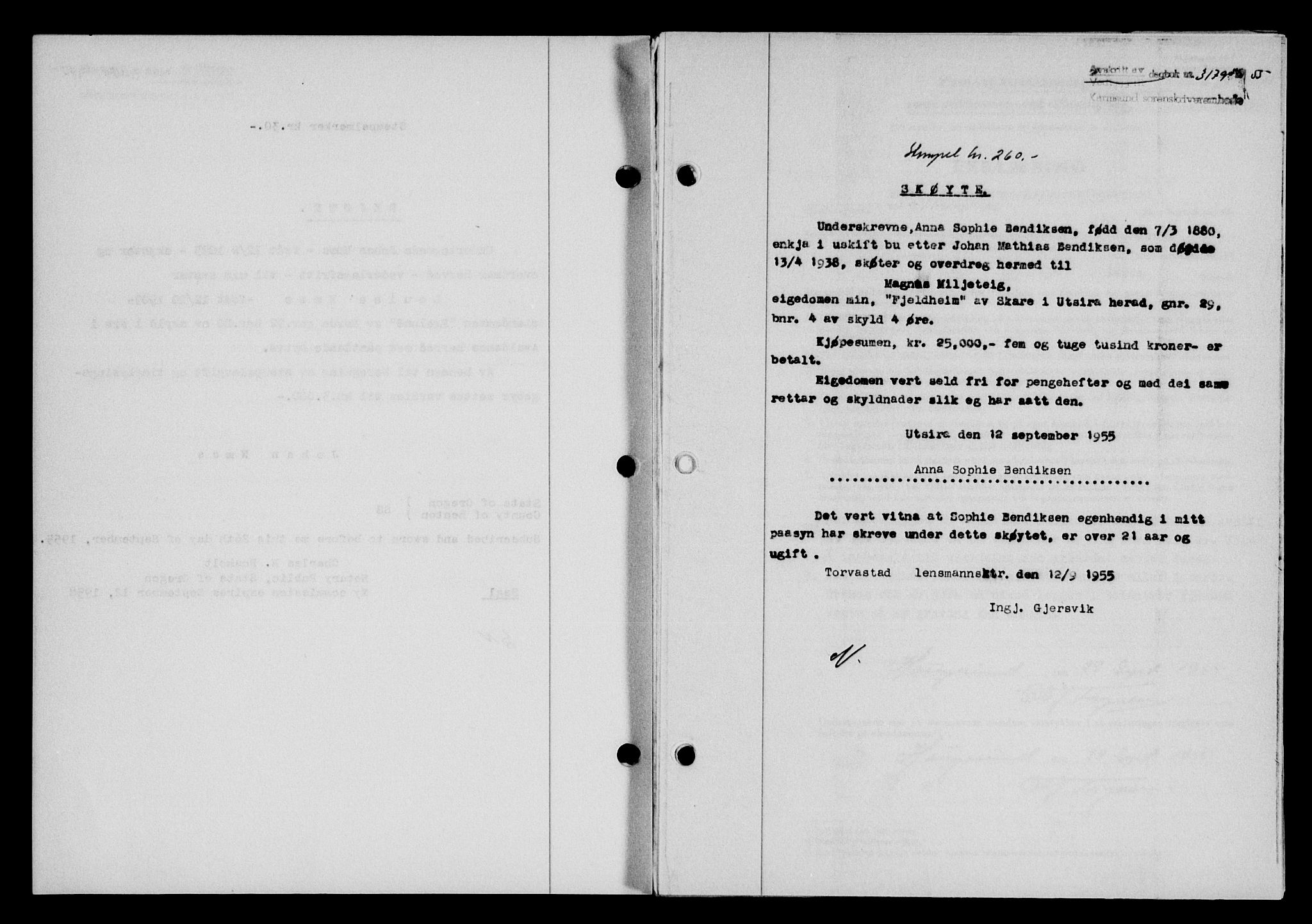 Karmsund sorenskriveri, SAST/A-100311/01/II/IIB/L0117: Mortgage book no. 97Aa, 1955-1955, Diary no: : 3179/1955