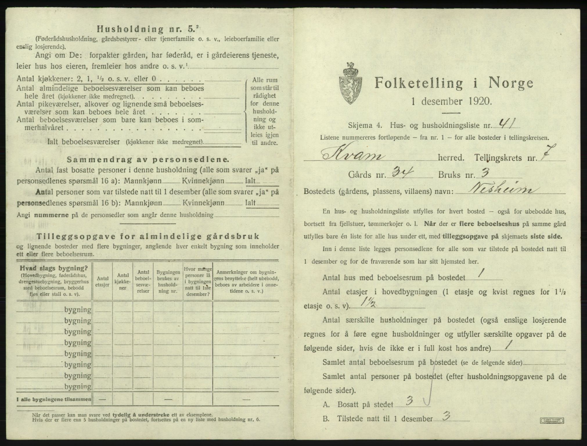 SAB, 1920 census for Kvam, 1920, p. 638