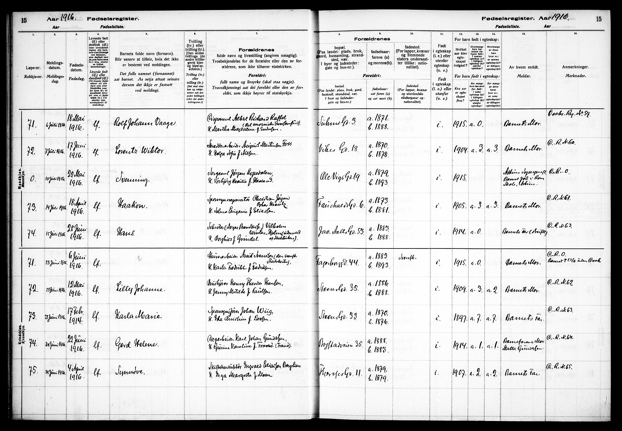 Fagerborg prestekontor Kirkebøker, SAO/A-10844/J/Ja/L0001: Birth register no. 1, 1916-1925, p. 15
