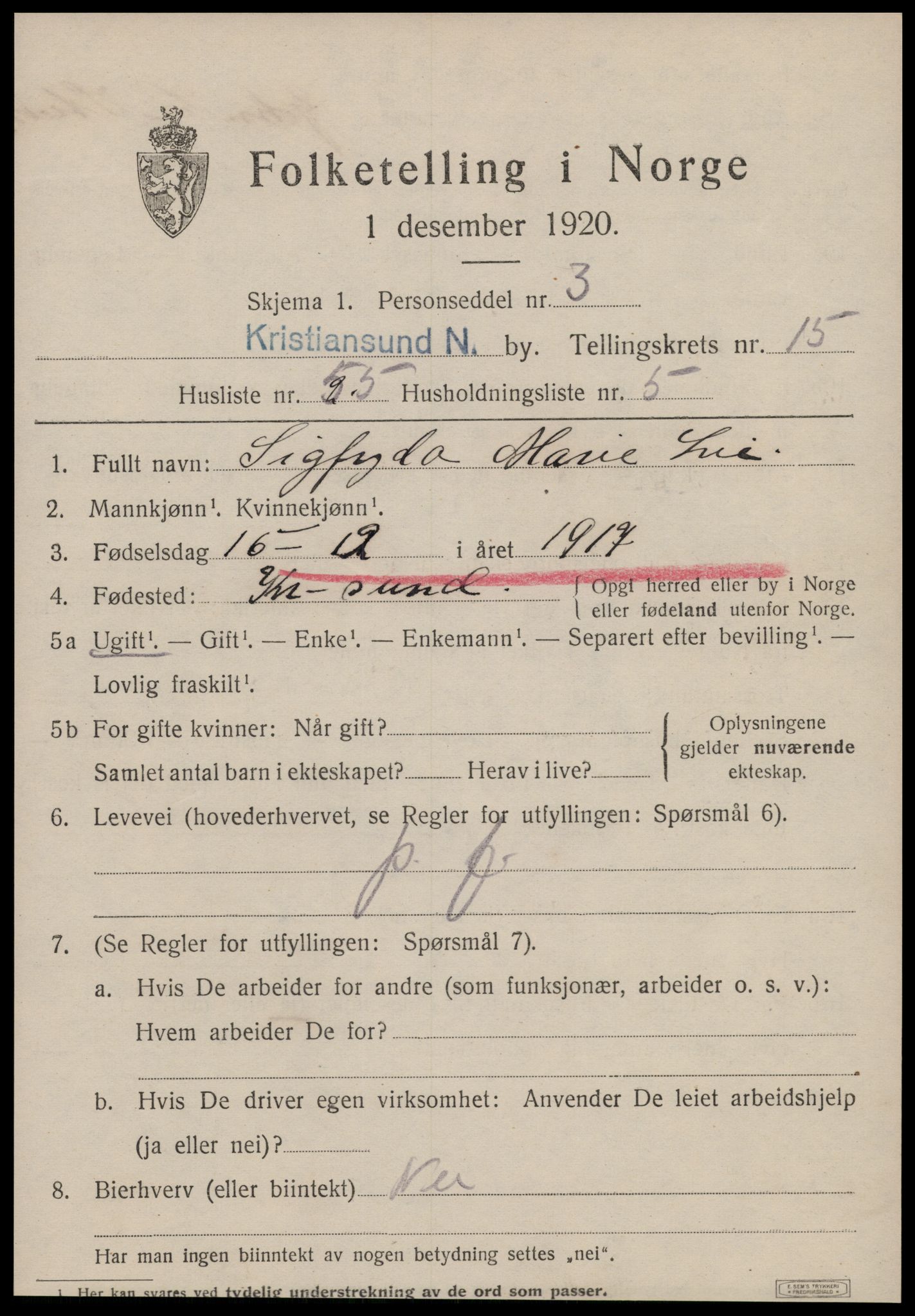 SAT, 1920 census for Kristiansund, 1920, p. 32077