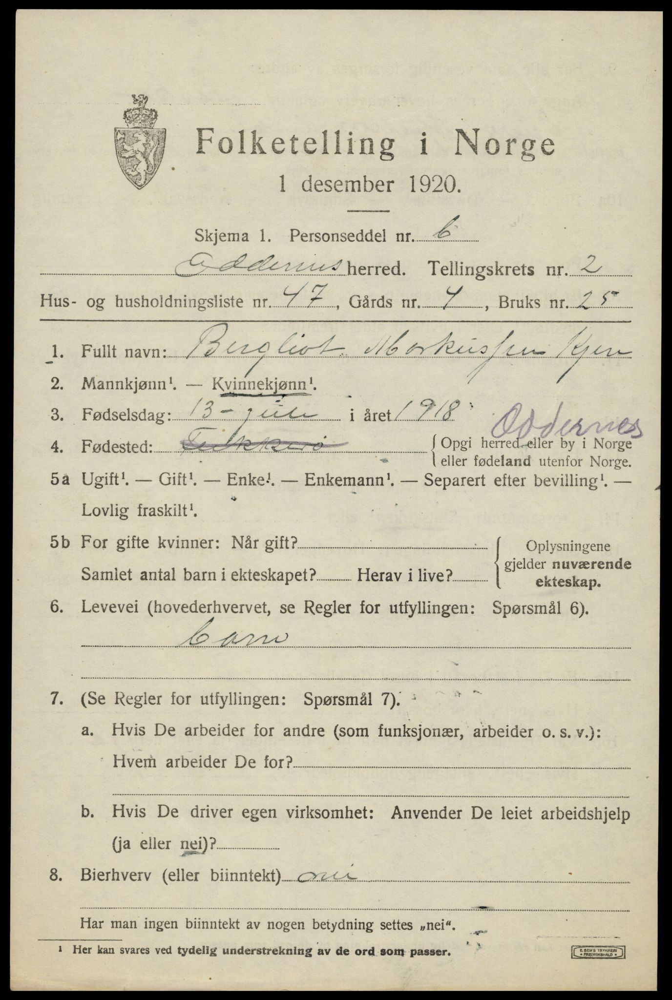 SAK, 1920 census for Oddernes, 1920, p. 3313