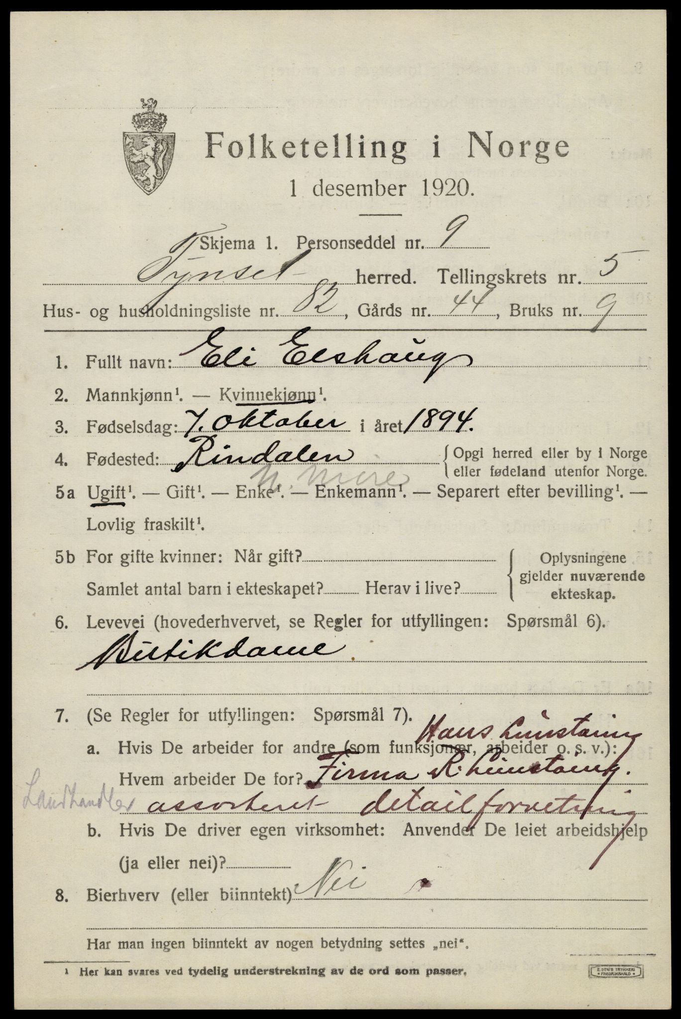 SAH, 1920 census for Tynset, 1920, p. 5496