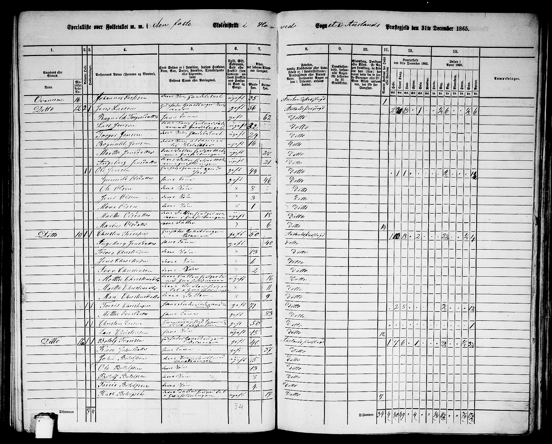 RA, 1865 census for Aurland, 1865, p. 16