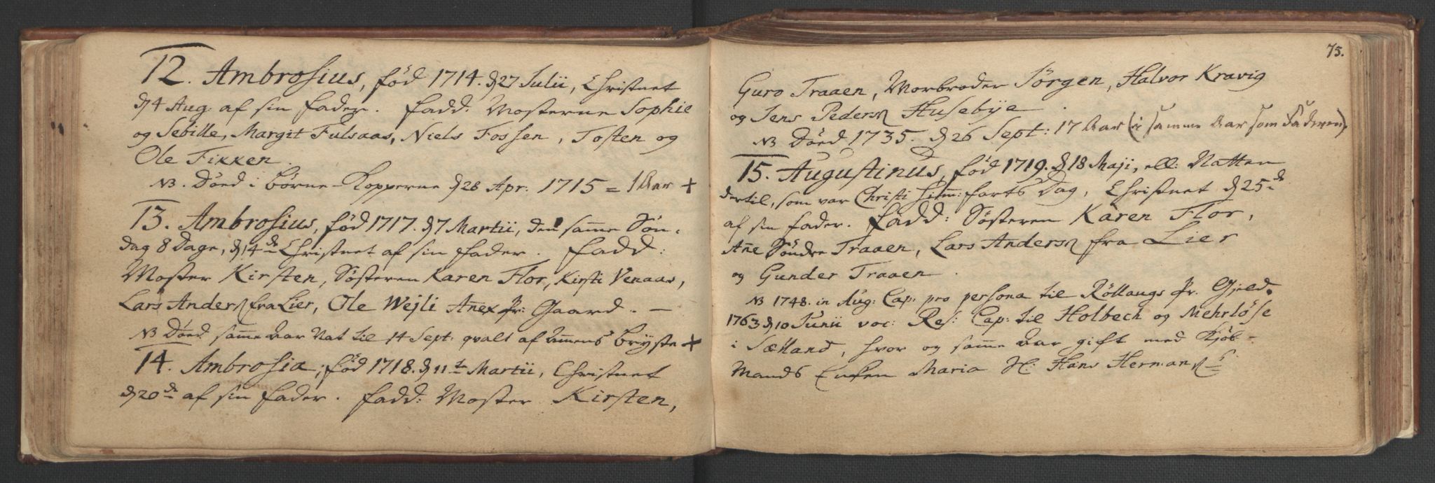 Manuskriptsamlingen, AV/RA-EA-3667/H/L0047: Familiestamrulle vedkommende Eliesonske, Ankerske, Colletske, Kiønigske m.m. familier - fra slutningen av 1600 til 1874 osv, 1600-1874, p. 74-75