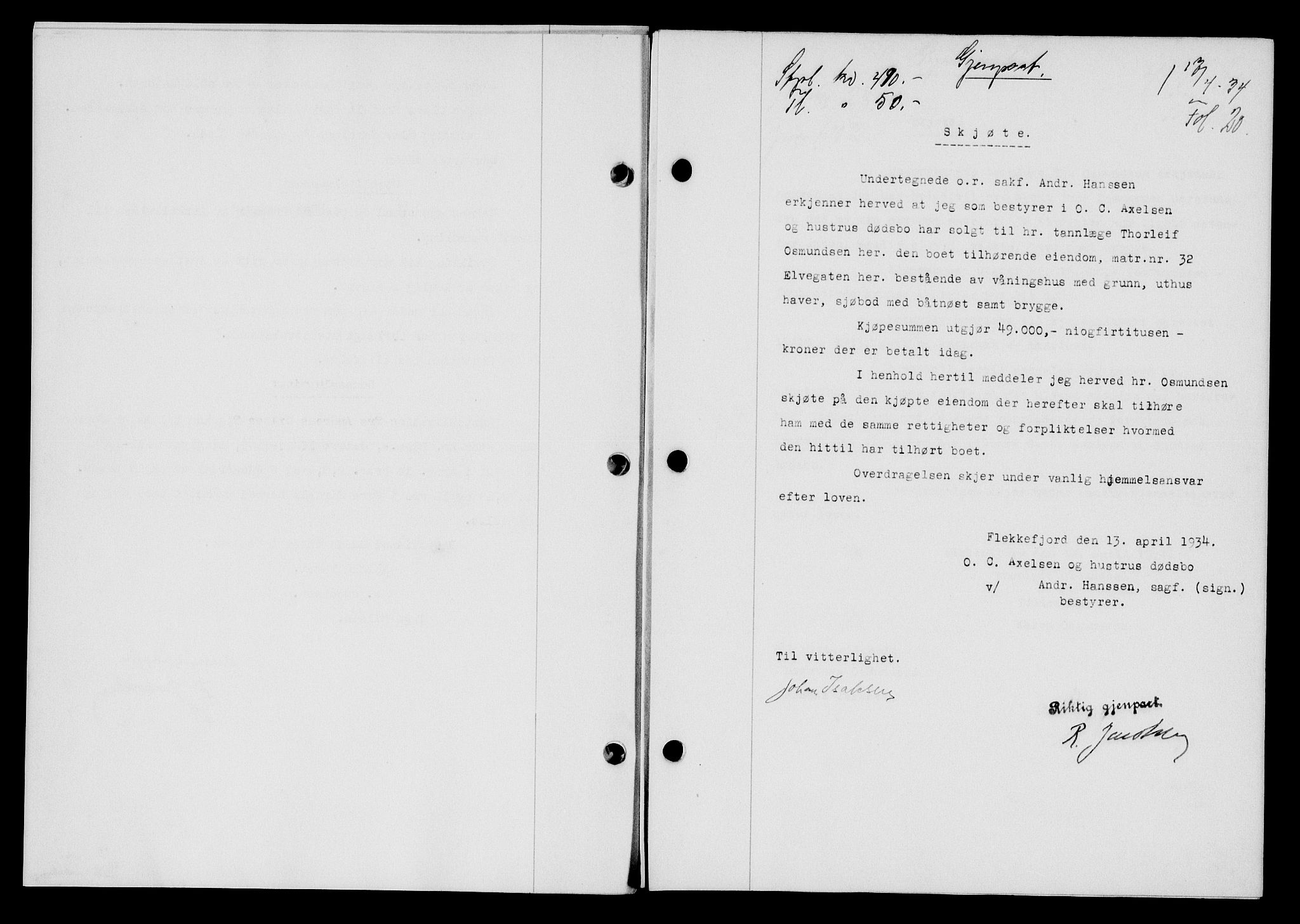 Flekkefjord sorenskriveri, SAK/1221-0001/G/Gb/Gba/L0051: Mortgage book no. 47, 1934-1935, Deed date: 17.04.1934