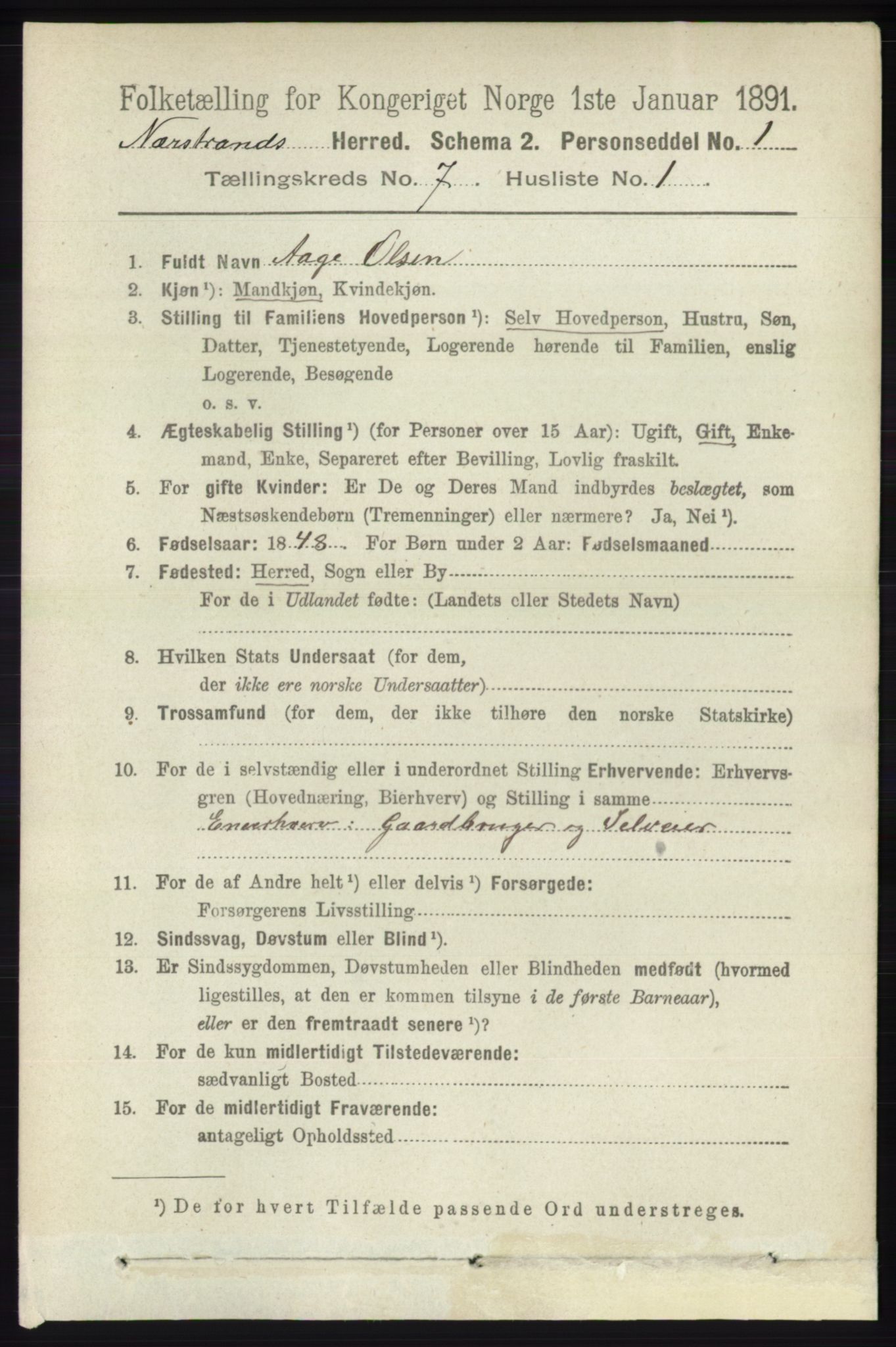 RA, 1891 census for 1139 Nedstrand, 1891, p. 1189