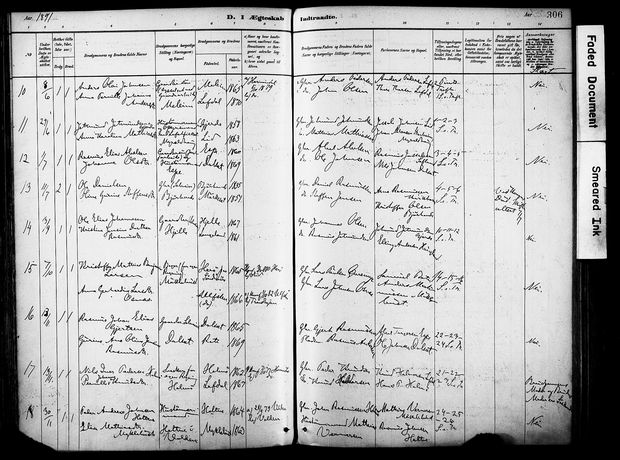 Eid sokneprestembete, AV/SAB-A-82301/H/Haa/Haab/L0001: Parish register (official) no. B 1, 1879-1906, p. 306