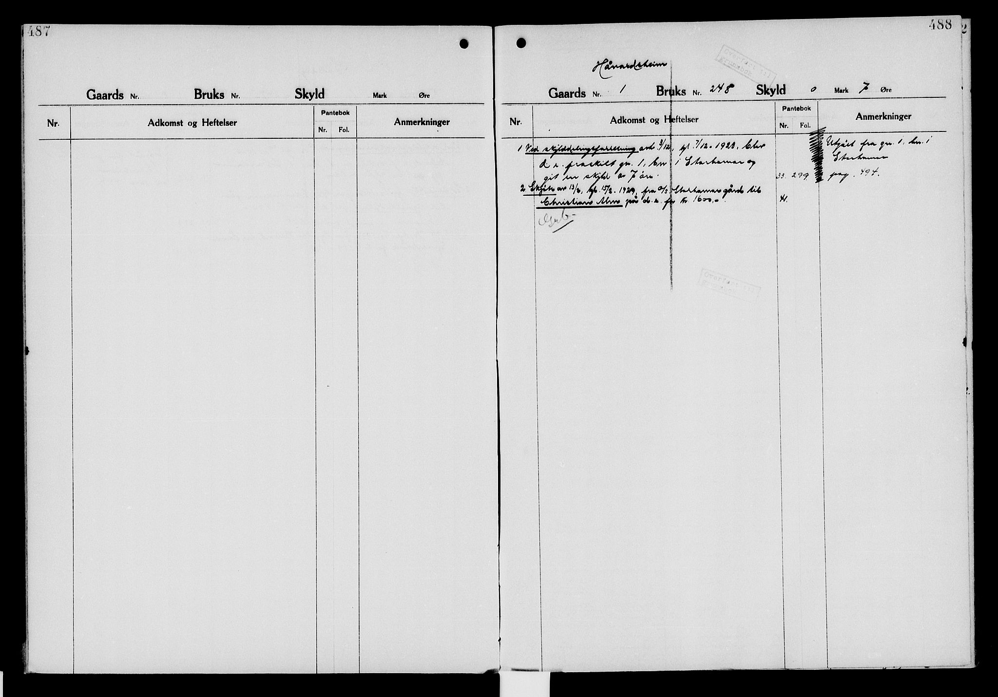 Nord-Hedmark sorenskriveri, SAH/TING-012/H/Ha/Had/Hade/L0006: Mortgage register no. 4.6, 1920-1940, p. 487-488