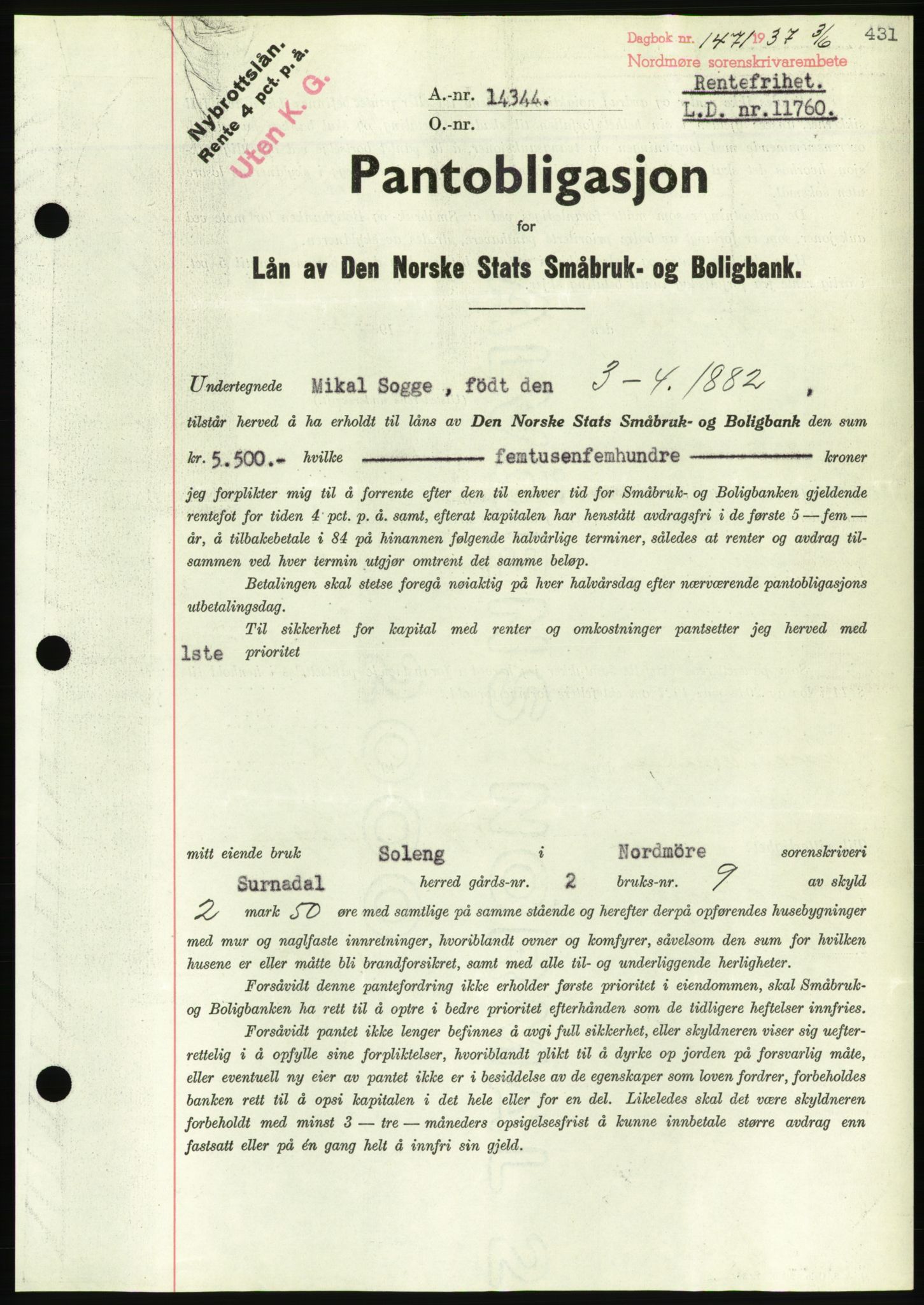 Nordmøre sorenskriveri, AV/SAT-A-4132/1/2/2Ca/L0091: Mortgage book no. B81, 1937-1937, Diary no: : 1471/1937