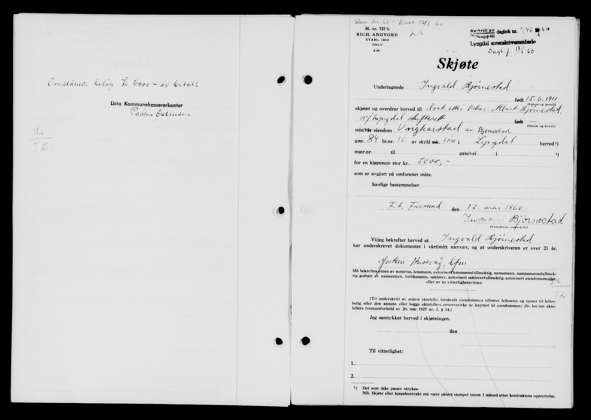 Lyngdal sorenskriveri, AV/SAK-1221-0004/G/Gb/L0679: Mortgage book no. A XXV, 1959-1960, Diary no: : 346/1960