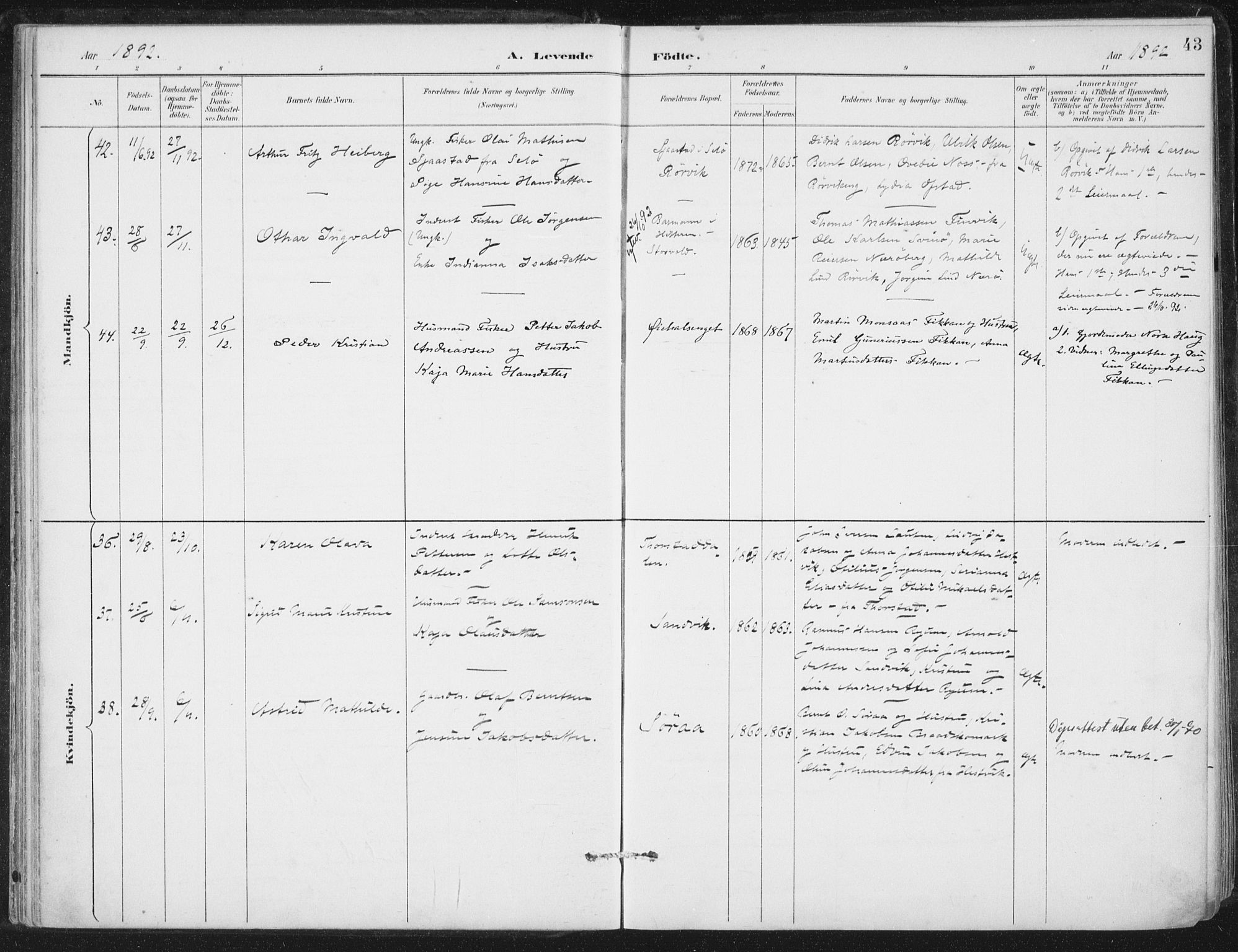 Ministerialprotokoller, klokkerbøker og fødselsregistre - Nord-Trøndelag, SAT/A-1458/784/L0673: Parish register (official) no. 784A08, 1888-1899, p. 43