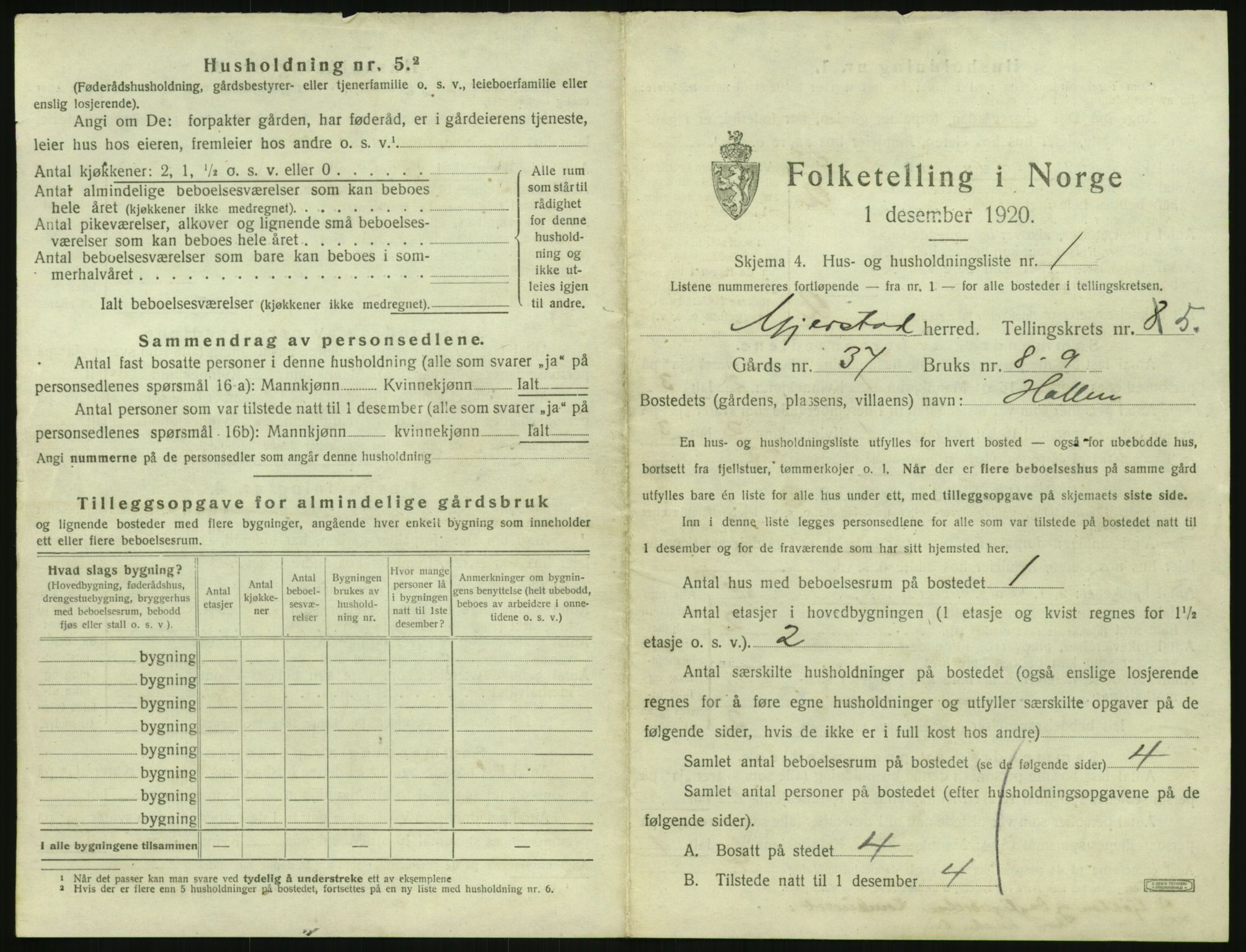 SAK, 1920 census for Gjerstad, 1920, p. 439