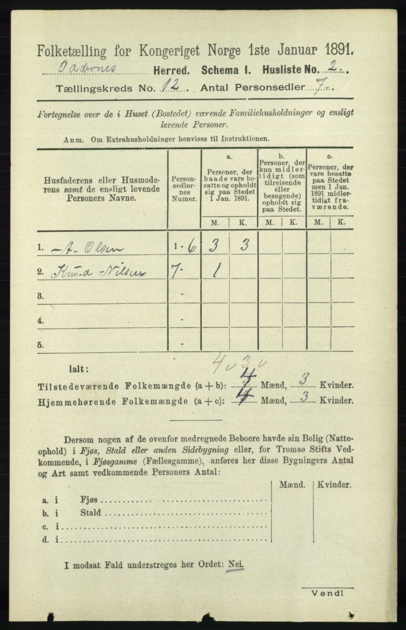 RA, 1891 census for 1012 Oddernes, 1891, p. 4312