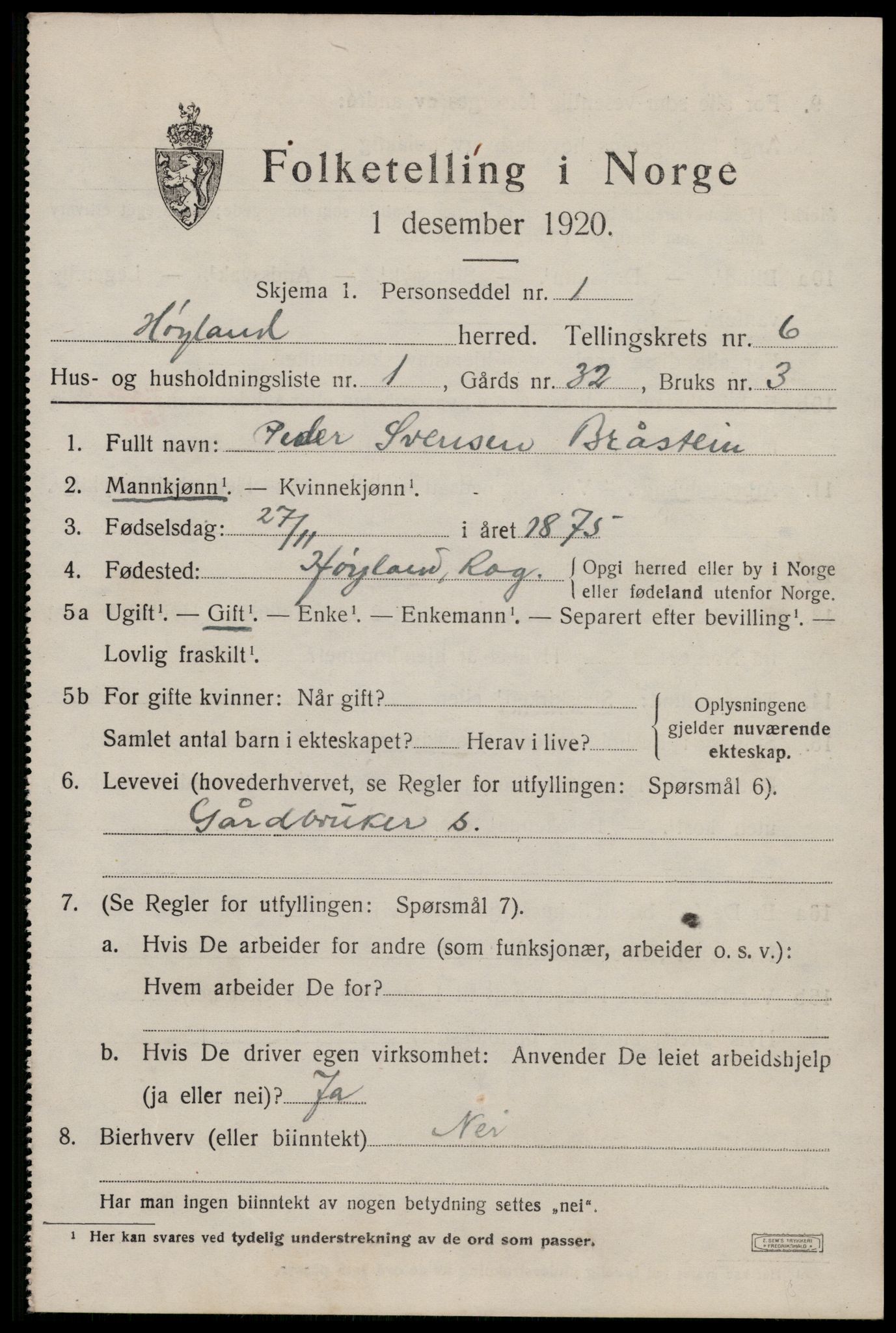 SAST, 1920 census for Høyland, 1920, p. 4264