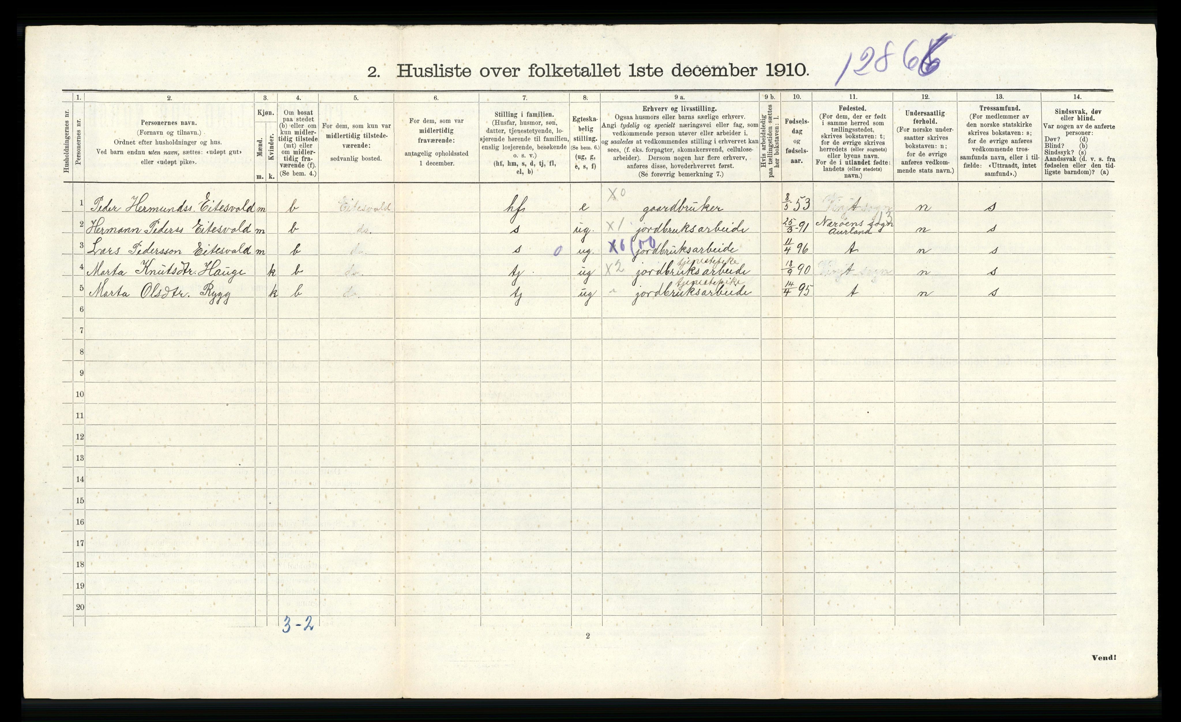 RA, 1910 census for Vossestrand, 1910, p. 544