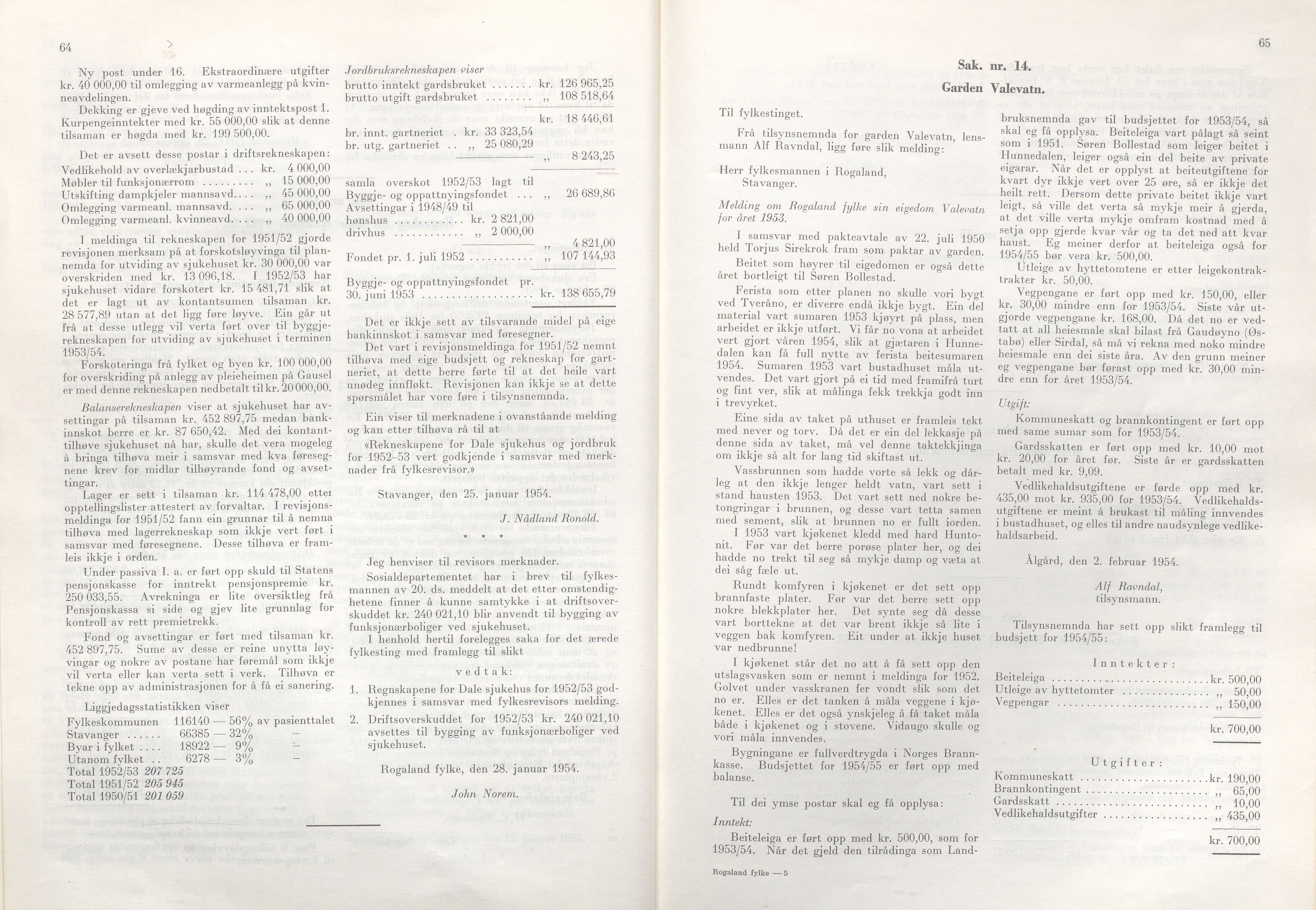 Rogaland fylkeskommune - Fylkesrådmannen , IKAR/A-900/A/Aa/Aaa/L0073: Møtebok , 1954, p. 64-65