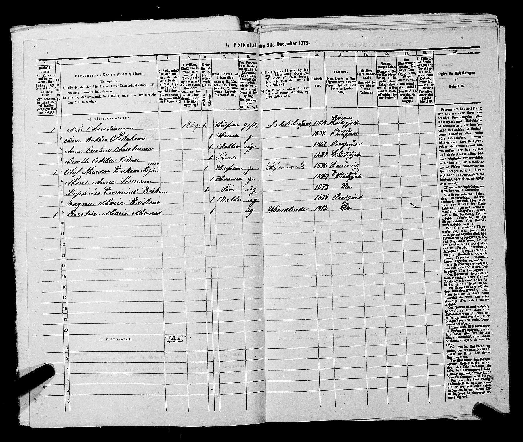 SAKO, 1875 census for 0805P Porsgrunn, 1875, p. 878