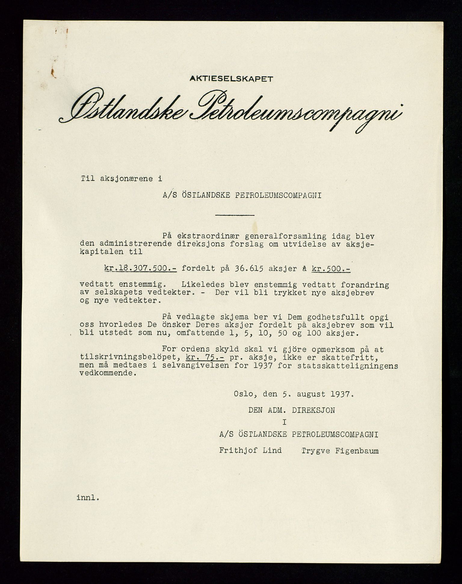 PA 1534 - Østlandske Petroleumscompagni A/S, AV/SAST-A-101954/A/Aa/L0002/0007: Generalforsamlinger. / Ekstraordinær generalforsamling, 1937, p. 13