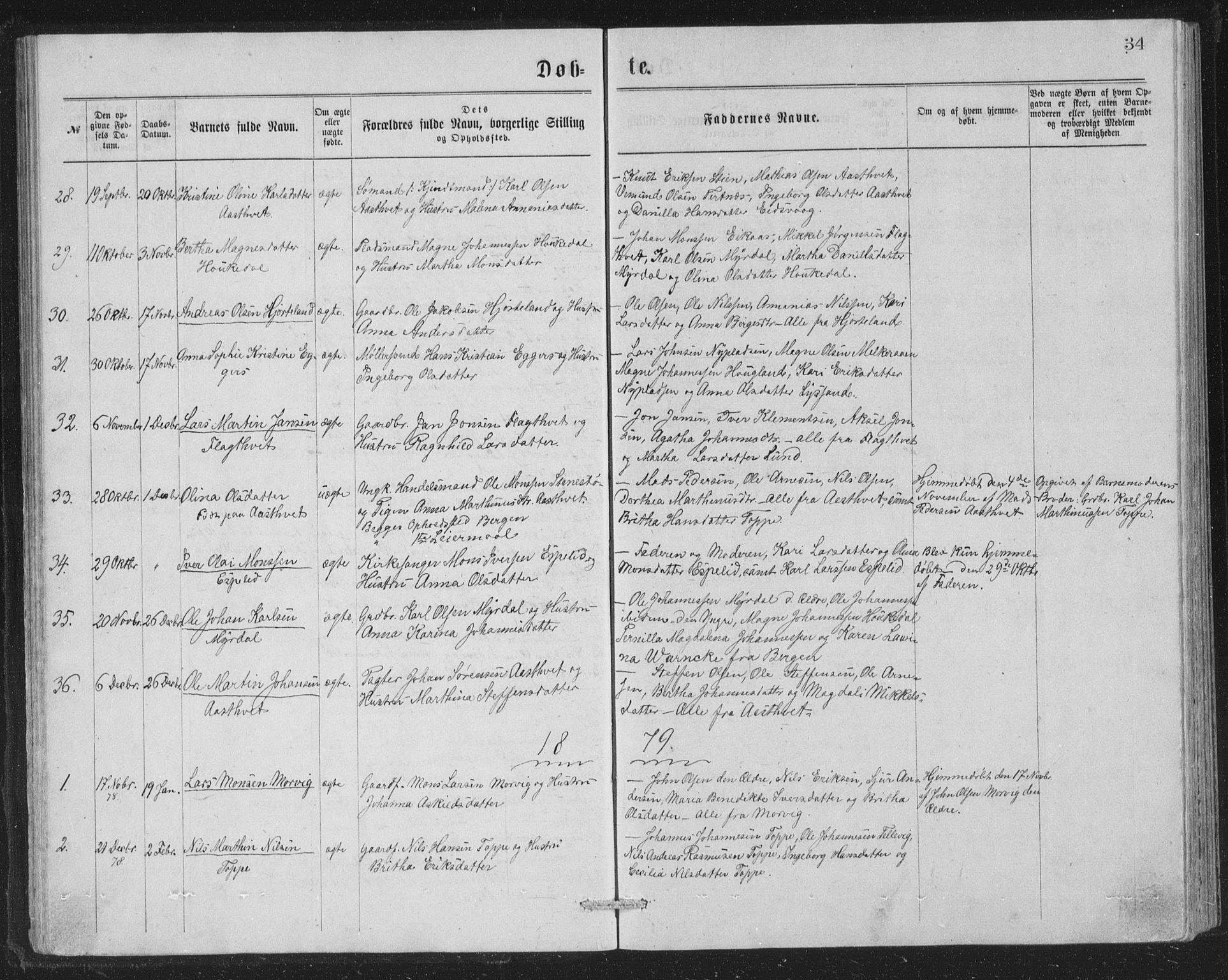 Åsane sokneprestembete, SAB/A-79401/H/Hab: Parish register (copy) no. A 1, 1870-1884, p. 34