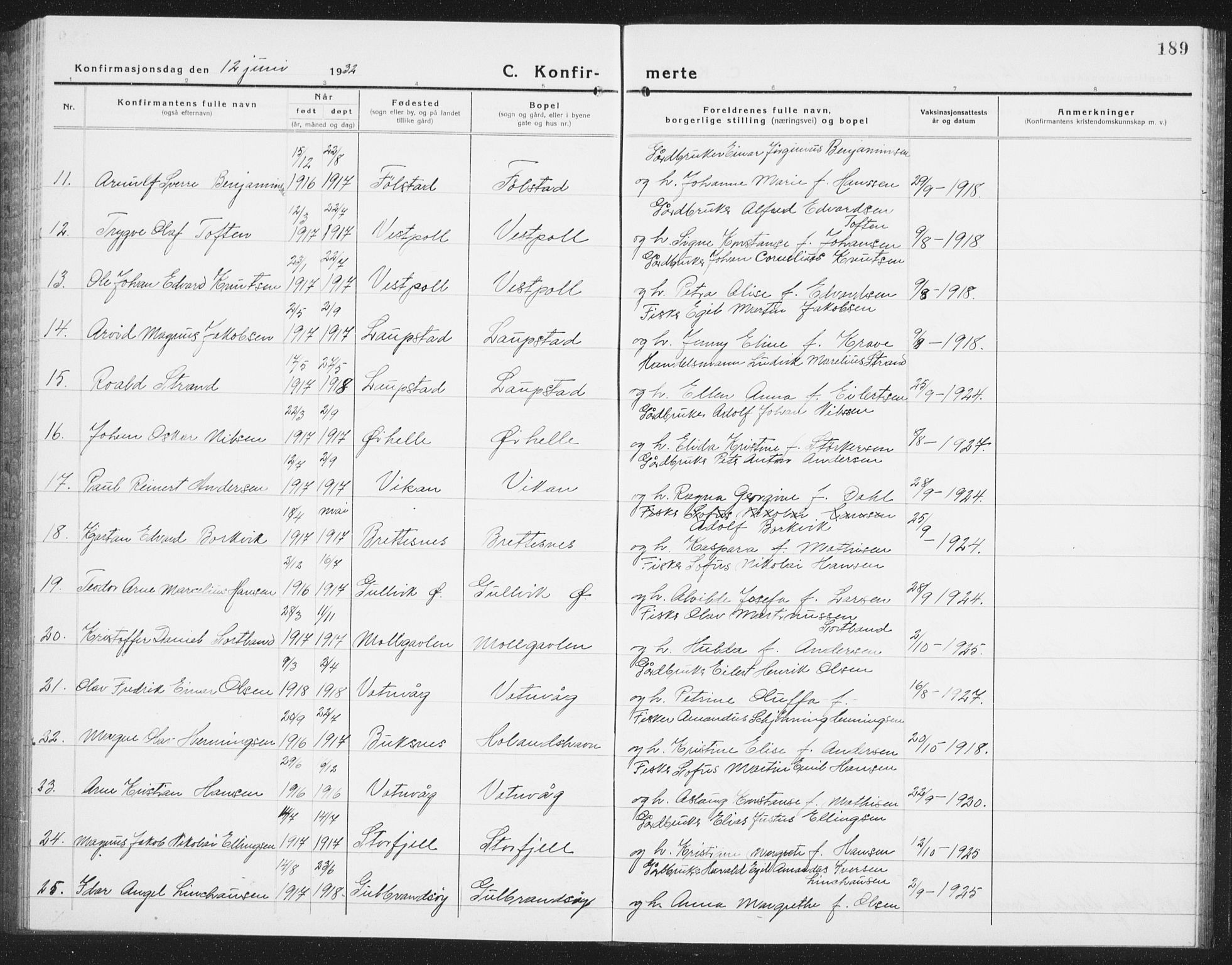 Ministerialprotokoller, klokkerbøker og fødselsregistre - Nordland, AV/SAT-A-1459/874/L1081: Parish register (copy) no. 874C10, 1925-1941, p. 189