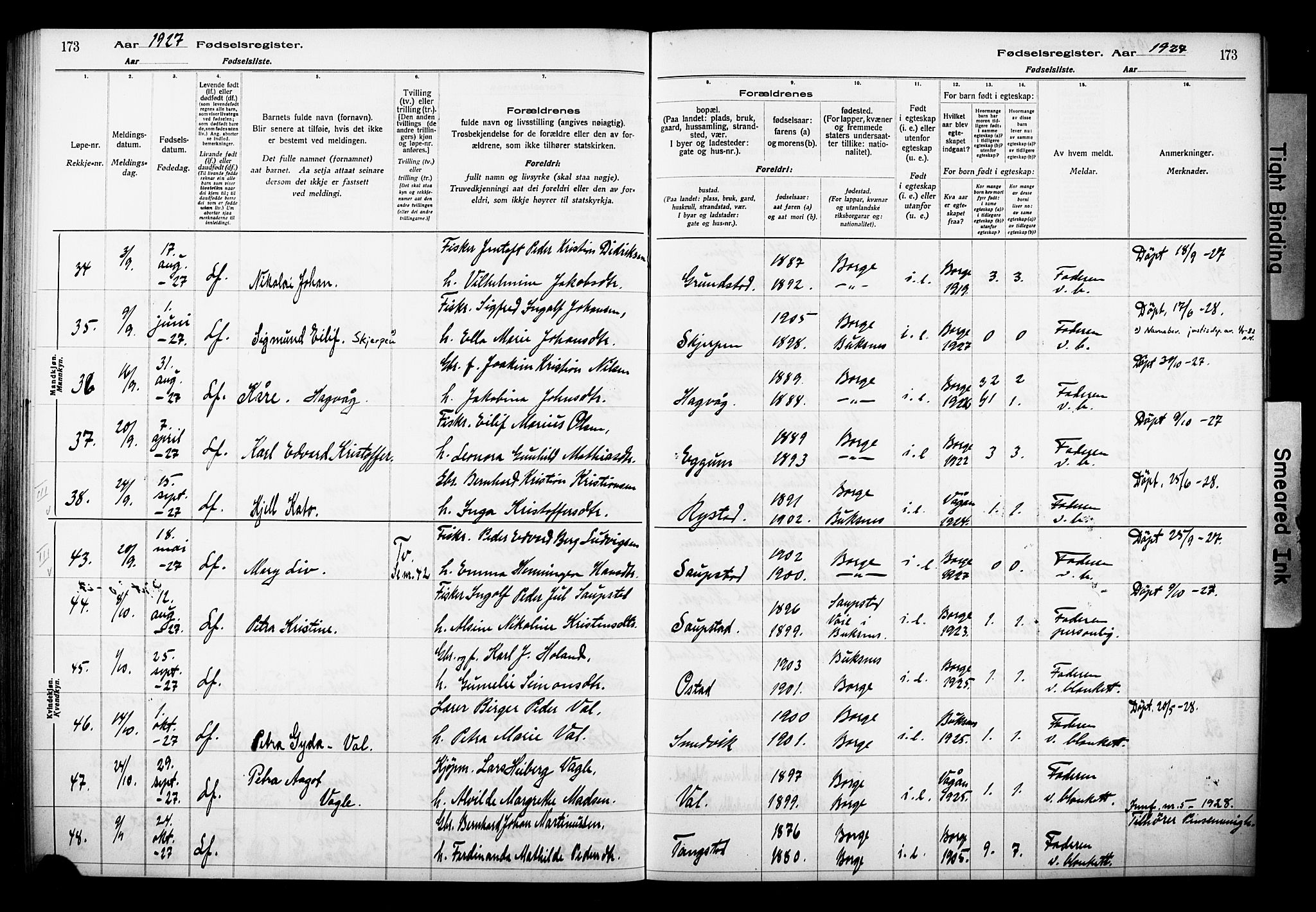 Ministerialprotokoller, klokkerbøker og fødselsregistre - Nordland, AV/SAT-A-1459/880/L1145: Birth register no. 880.II.4.1, 1916-1929, p. 173