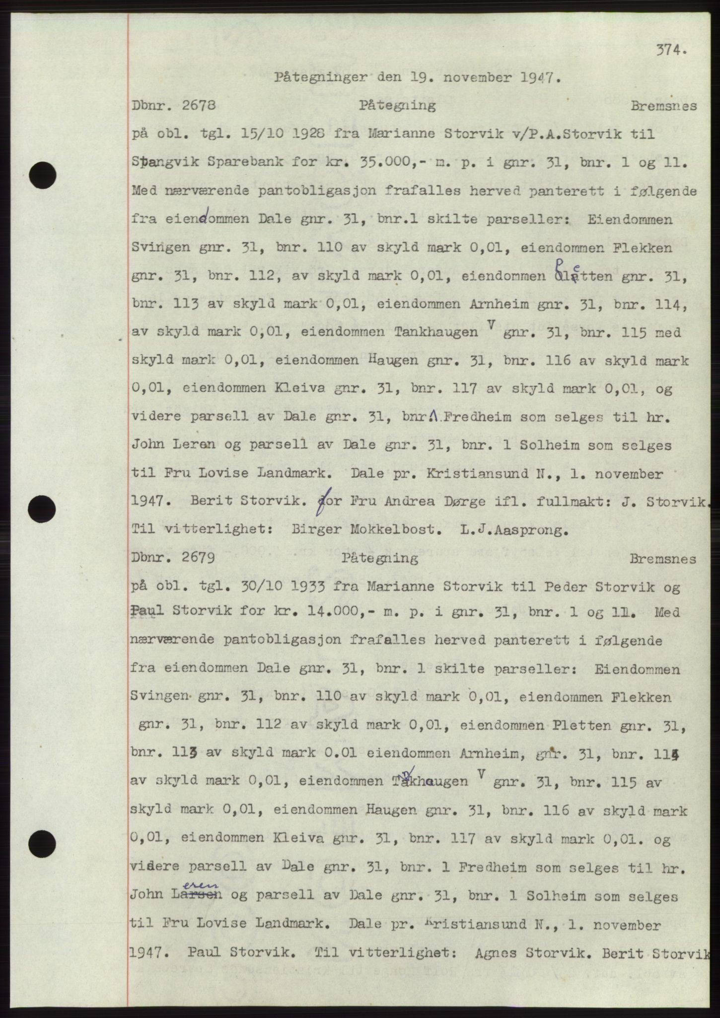 Nordmøre sorenskriveri, SAT/A-4132/1/2/2Ca: Mortgage book no. C82b, 1946-1951, Diary no: : 2678/1947