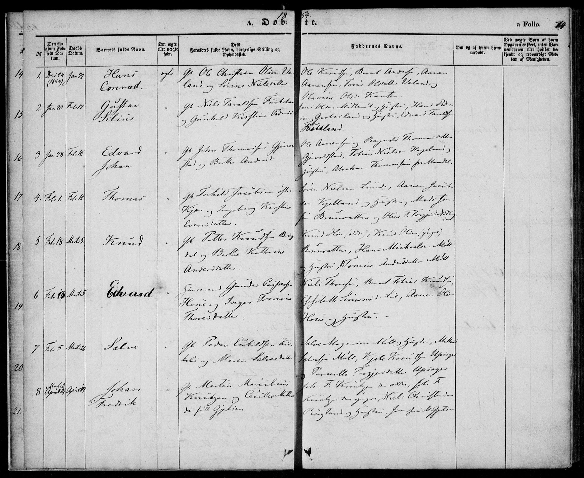 Holum sokneprestkontor, AV/SAK-1111-0022/F/Fa/Faa/L0005: Parish register (official) no. A 5, 1850-1864, p. 14