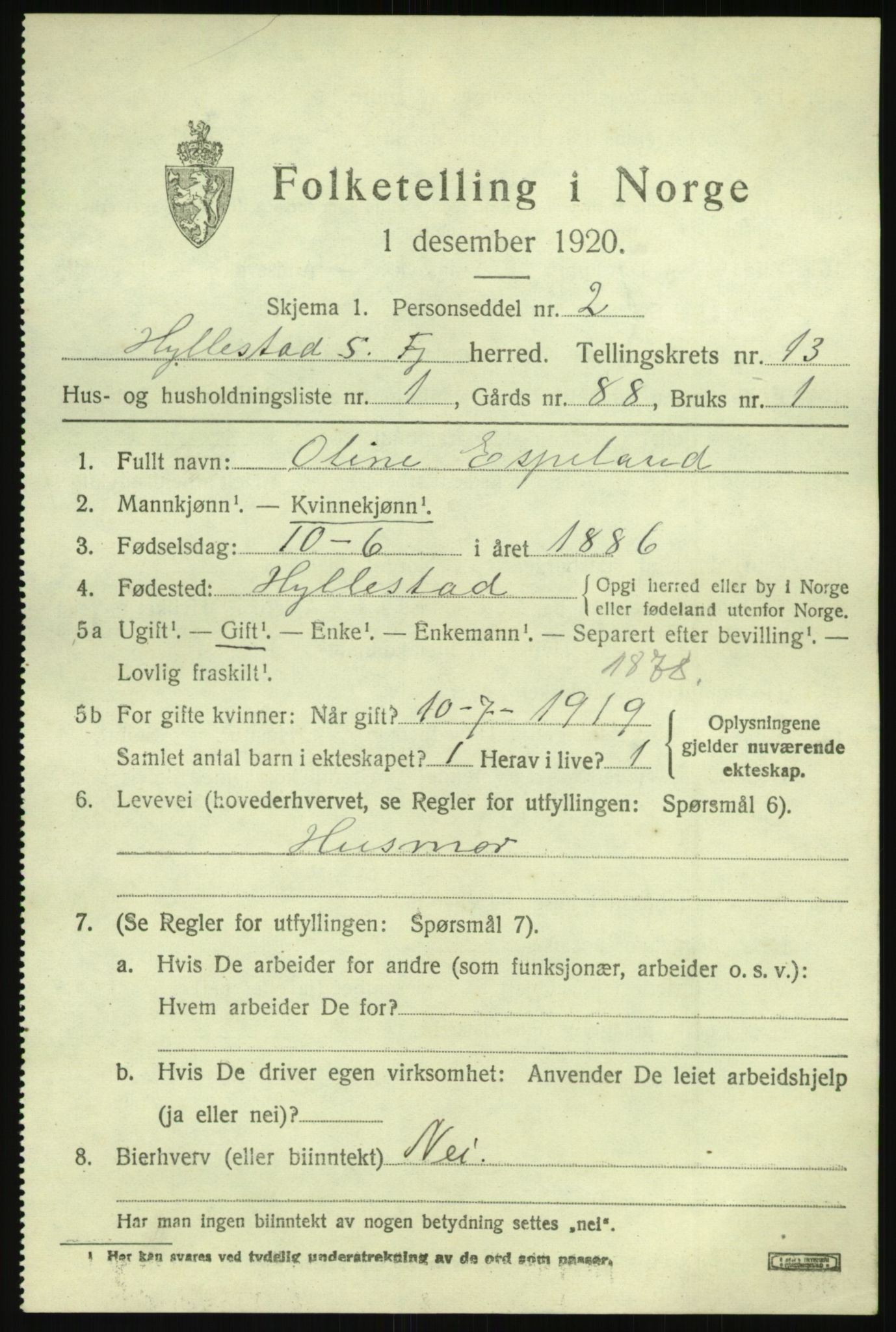 SAB, 1920 census for Hyllestad, 1920, p. 4842