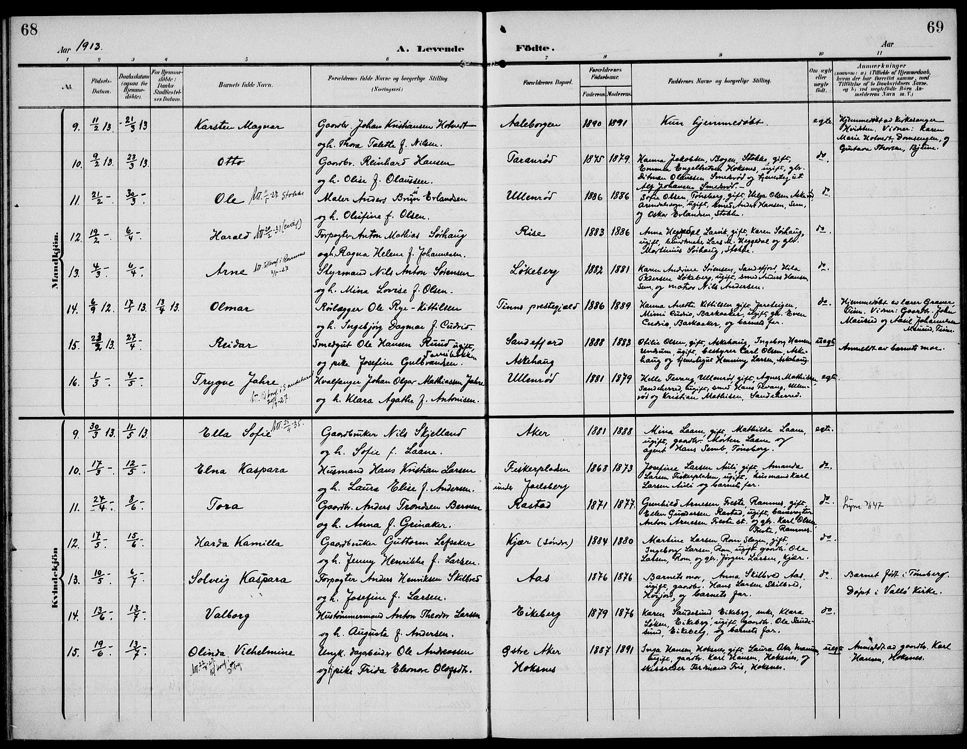 Sem kirkebøker, SAKO/A-5/F/Fa/L0012: Parish register (official) no. I 12, 1905-1915, p. 68-69