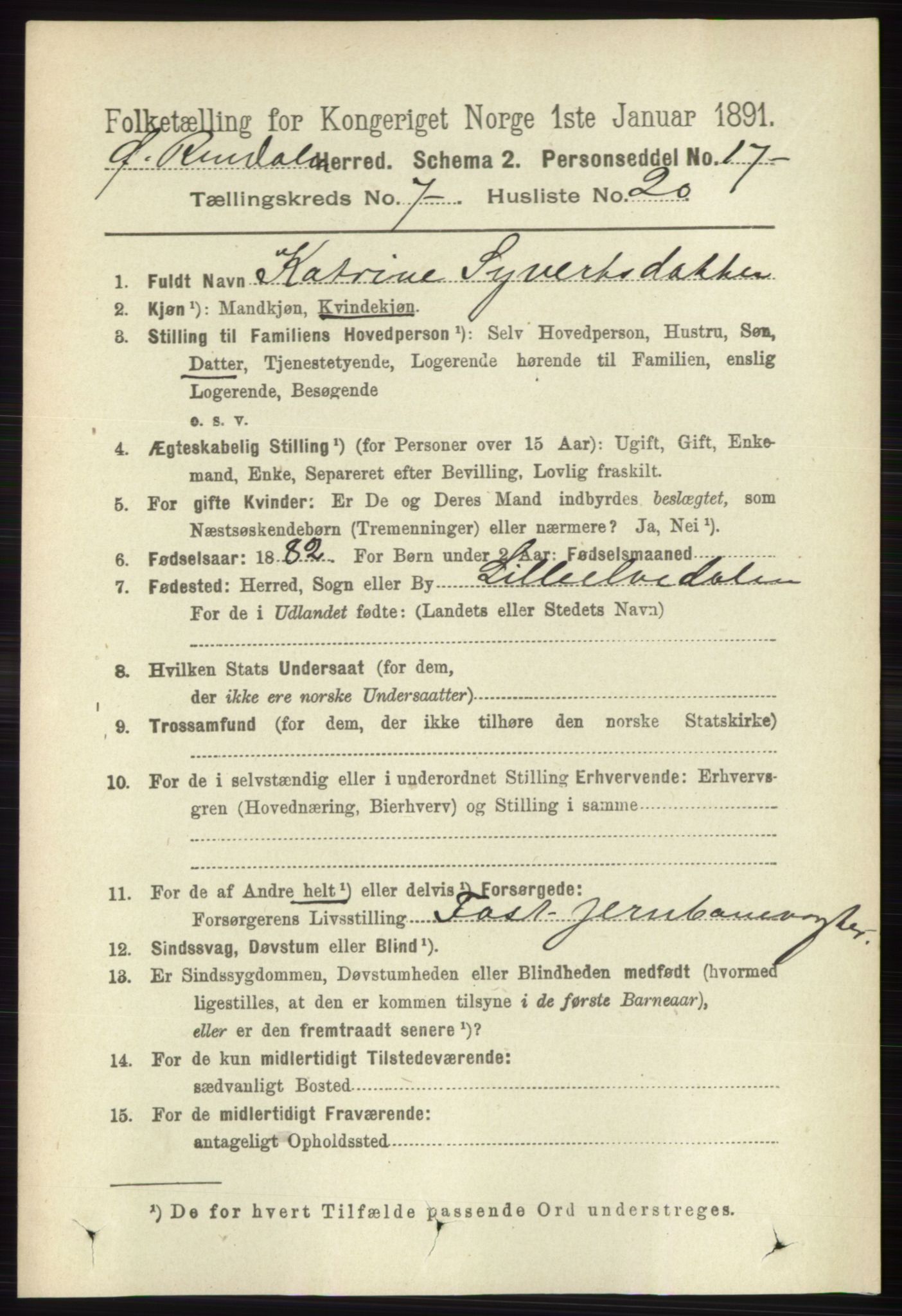 RA, 1891 census for 0433 Øvre Rendal, 1891, p. 1912