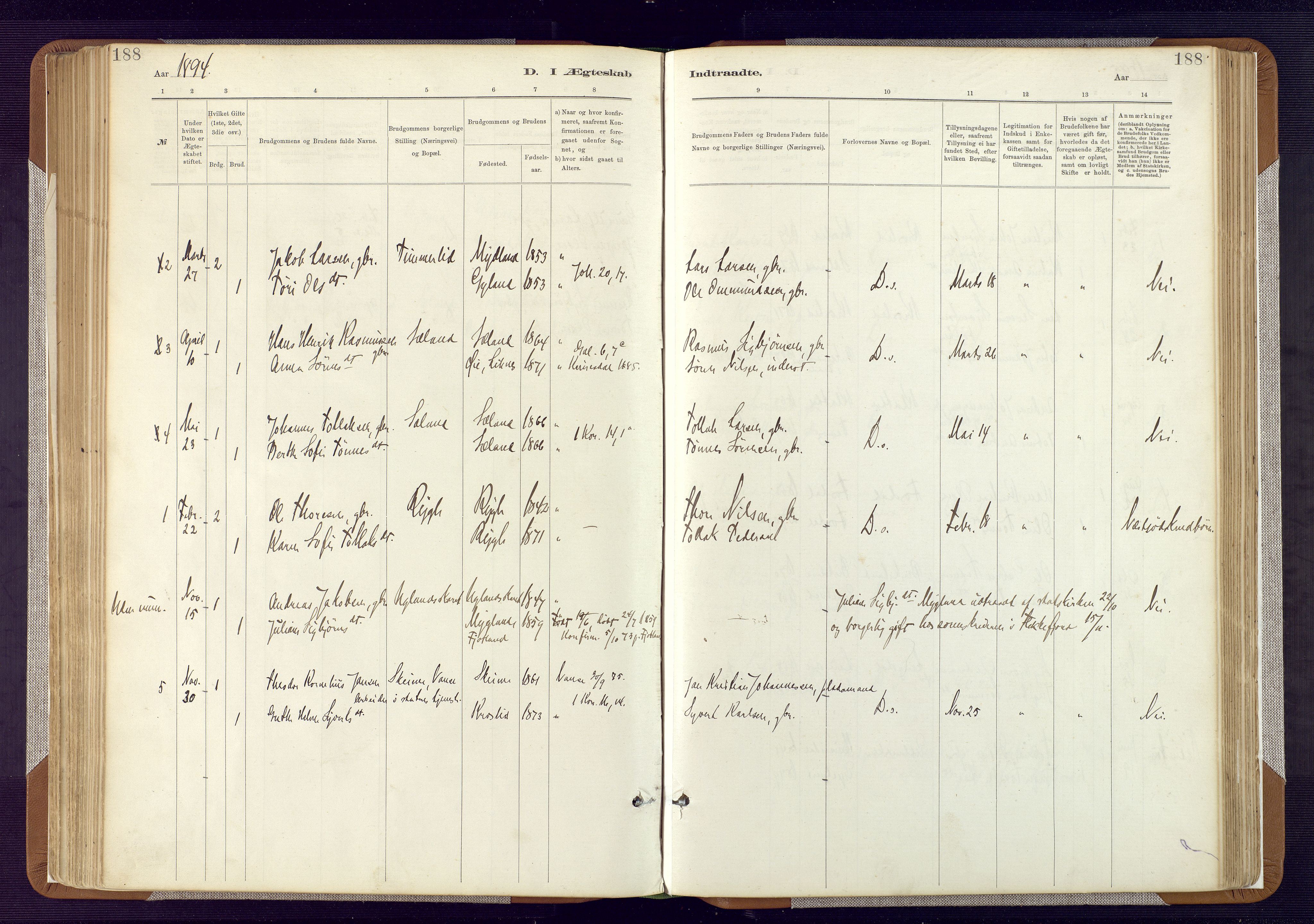 Bakke sokneprestkontor, SAK/1111-0002/F/Fa/Fab/L0003: Parish register (official) no. A 3, 1884-1921, p. 188