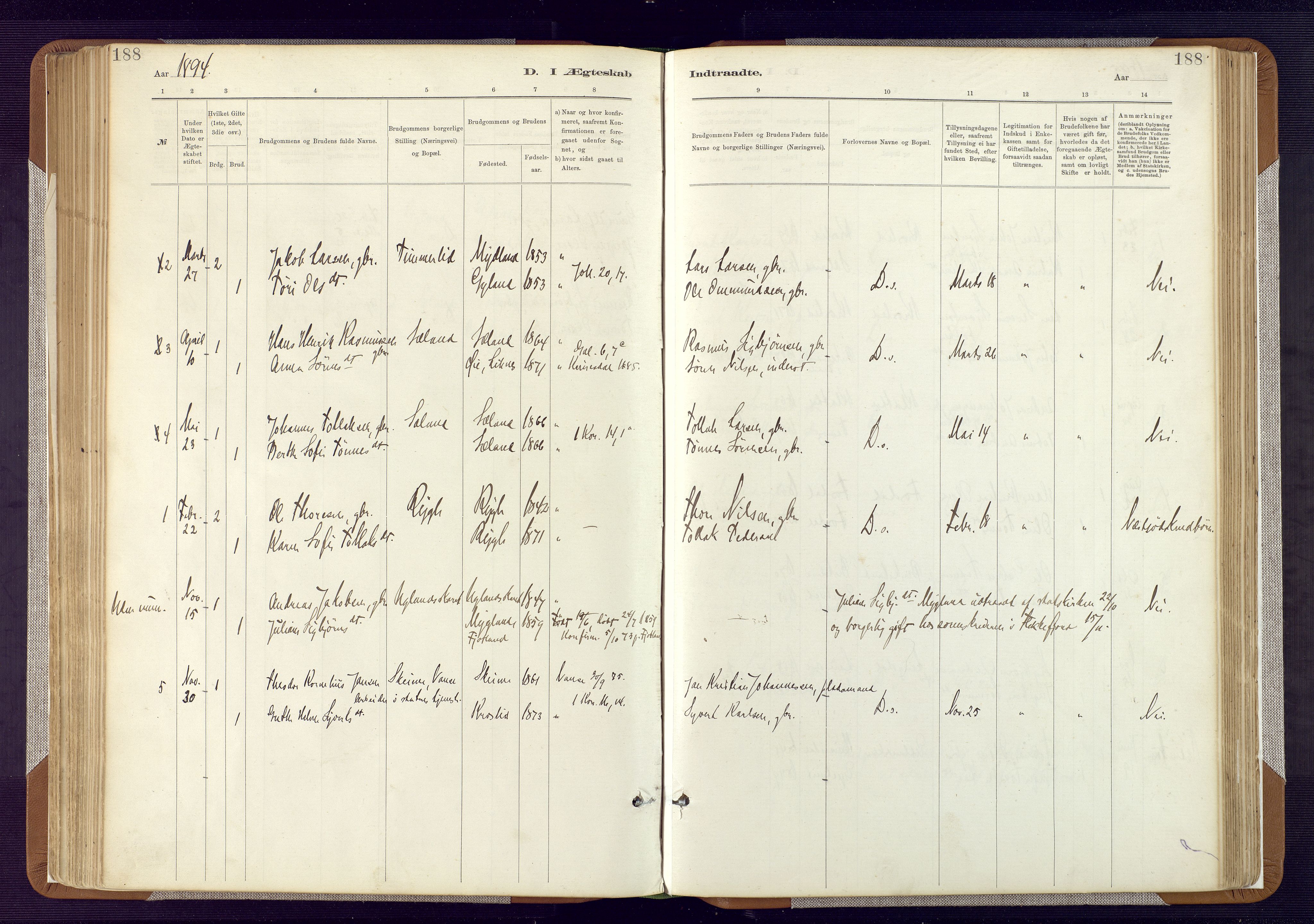 Bakke sokneprestkontor, AV/SAK-1111-0002/F/Fa/Fab/L0003: Parish register (official) no. A 3, 1884-1921, p. 188