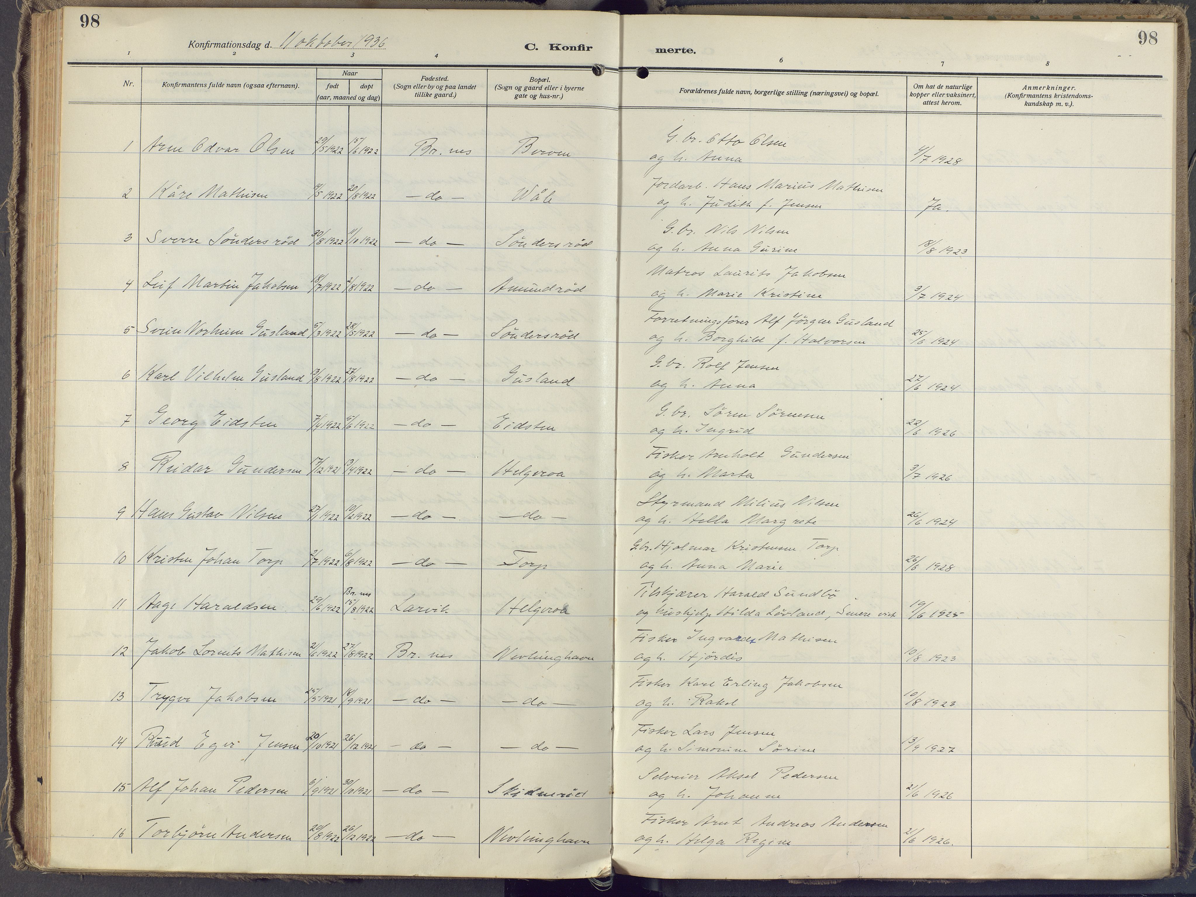 Brunlanes kirkebøker, AV/SAKO-A-342/F/Fb/L0004: Parish register (official) no. II 4, 1923-1940, p. 98