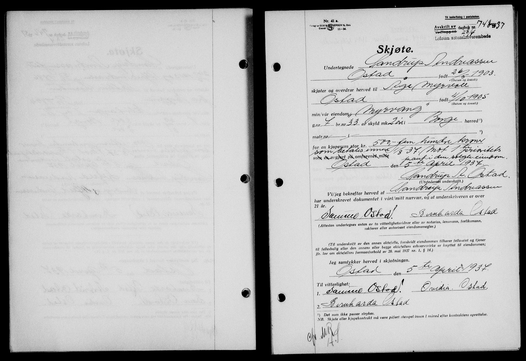 Lofoten sorenskriveri, SAT/A-0017/1/2/2C/L0002a: Mortgage book no. 2a, 1937-1937, Diary no: : 748/1937