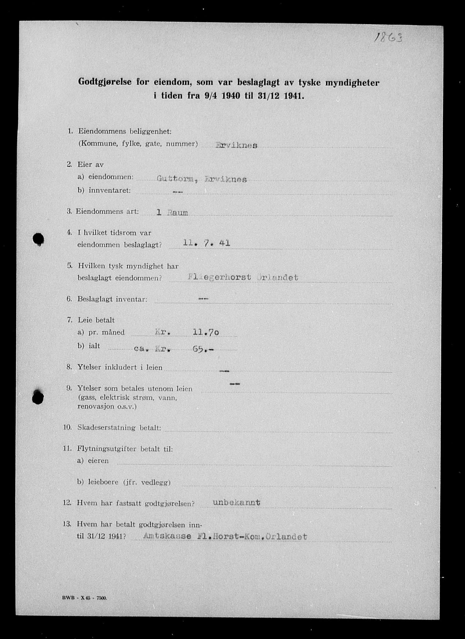 Justisdepartementet, Tilbakeføringskontoret for inndratte formuer, RA/S-1564/I/L1018: Godtgjørelse for beslaglagt eiendom, 1940-1941, p. 250